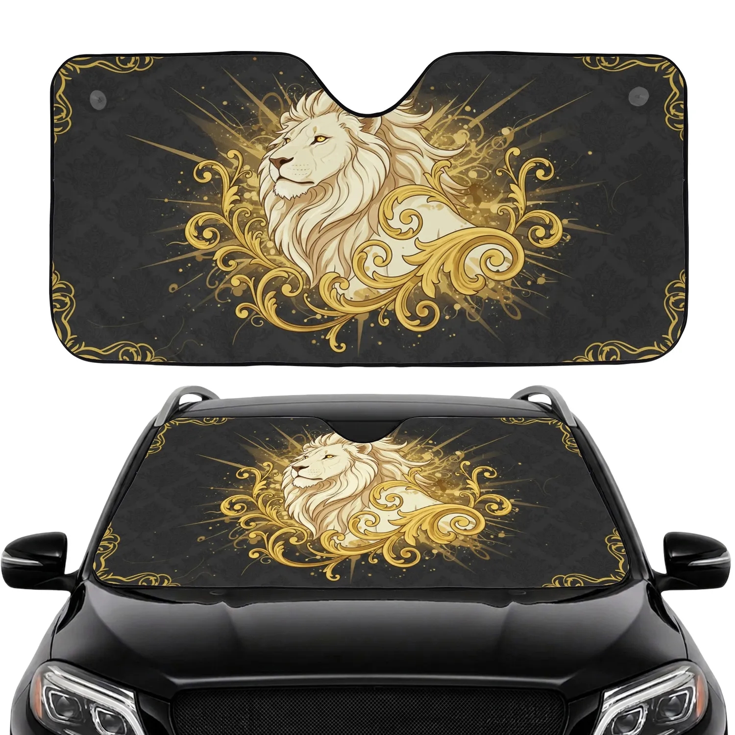 Majestic White Lion Golden Baroque Filigree - Home Decor Gift for Lion Lover Car Sunshade - 1