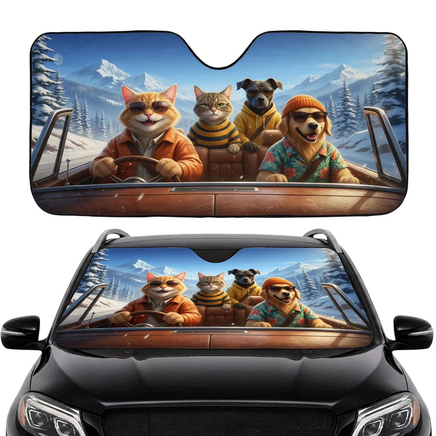 Tabby Cat Golden Retriever Dog Winter Mountain Road Trip - Pet Lover Travel Essentials Car Sunshade - 1
