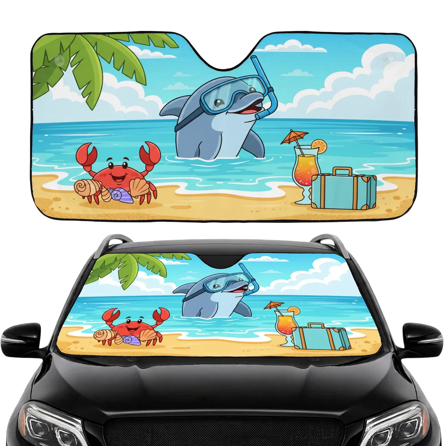 Cheerful Dolphin Snorkel Crab Tropical Beach - Beach Lover Summer Vacation Gift Car Sunshade - 1