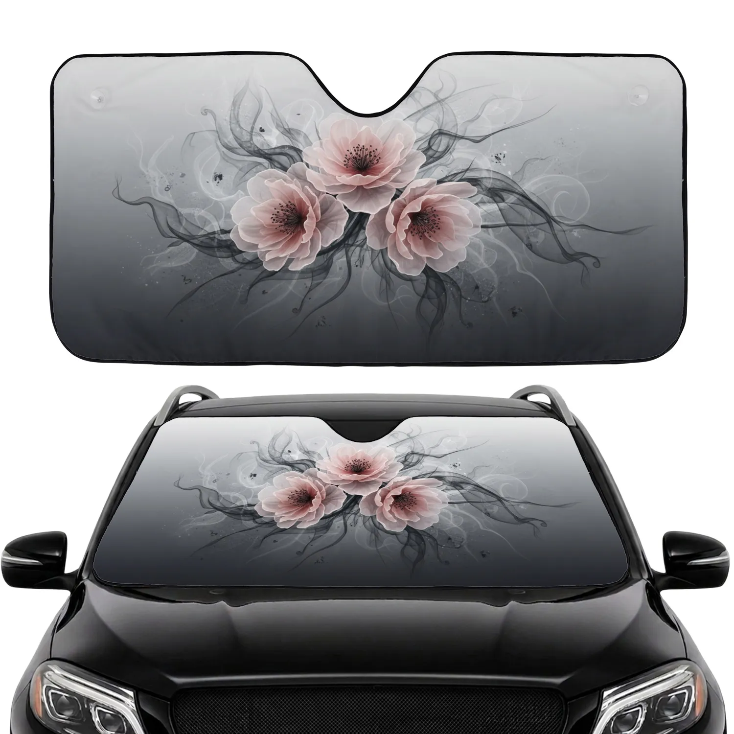 Blush Pink Blooming Flowers Charcoal Smoke Swirls - Home Decor Gift Car Sunshade - 1