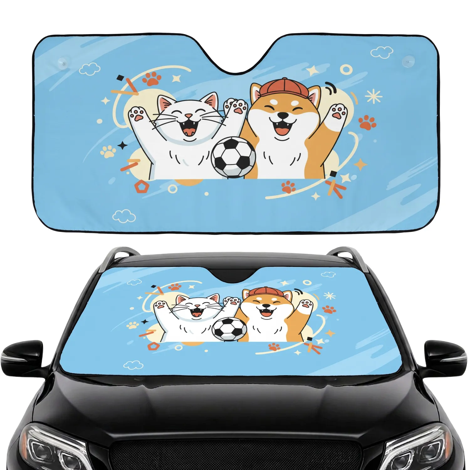 Playful Fluffy White Cat Shiba Inu Soccer Ball Paw Print Starburst - Happy Pet Lover Gift Car Sunshade - 1