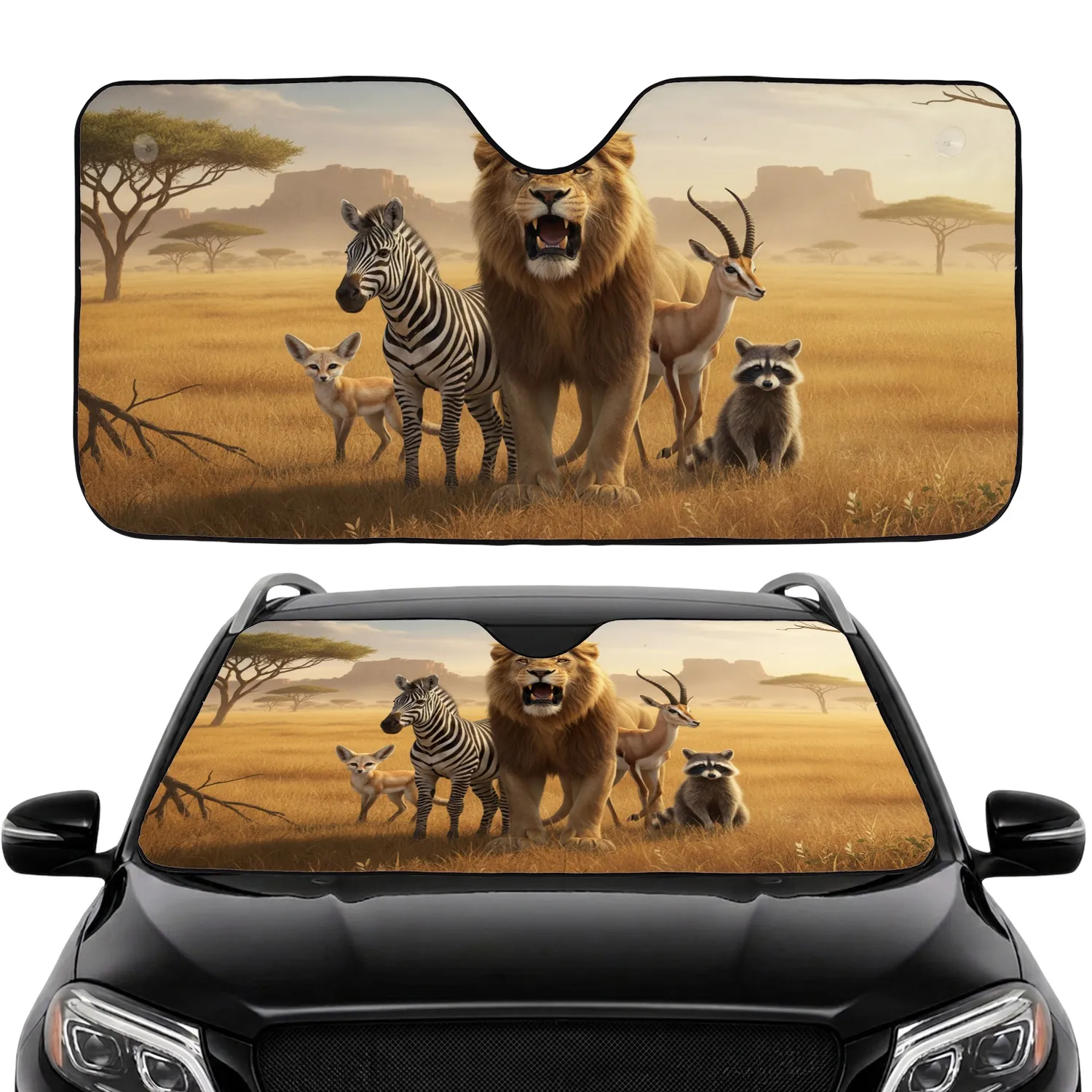 Roaring Lion Zebra Gazelle Fox Raccoon Savanna Group - Wildlife Lover Gift Car Sunshade - 1