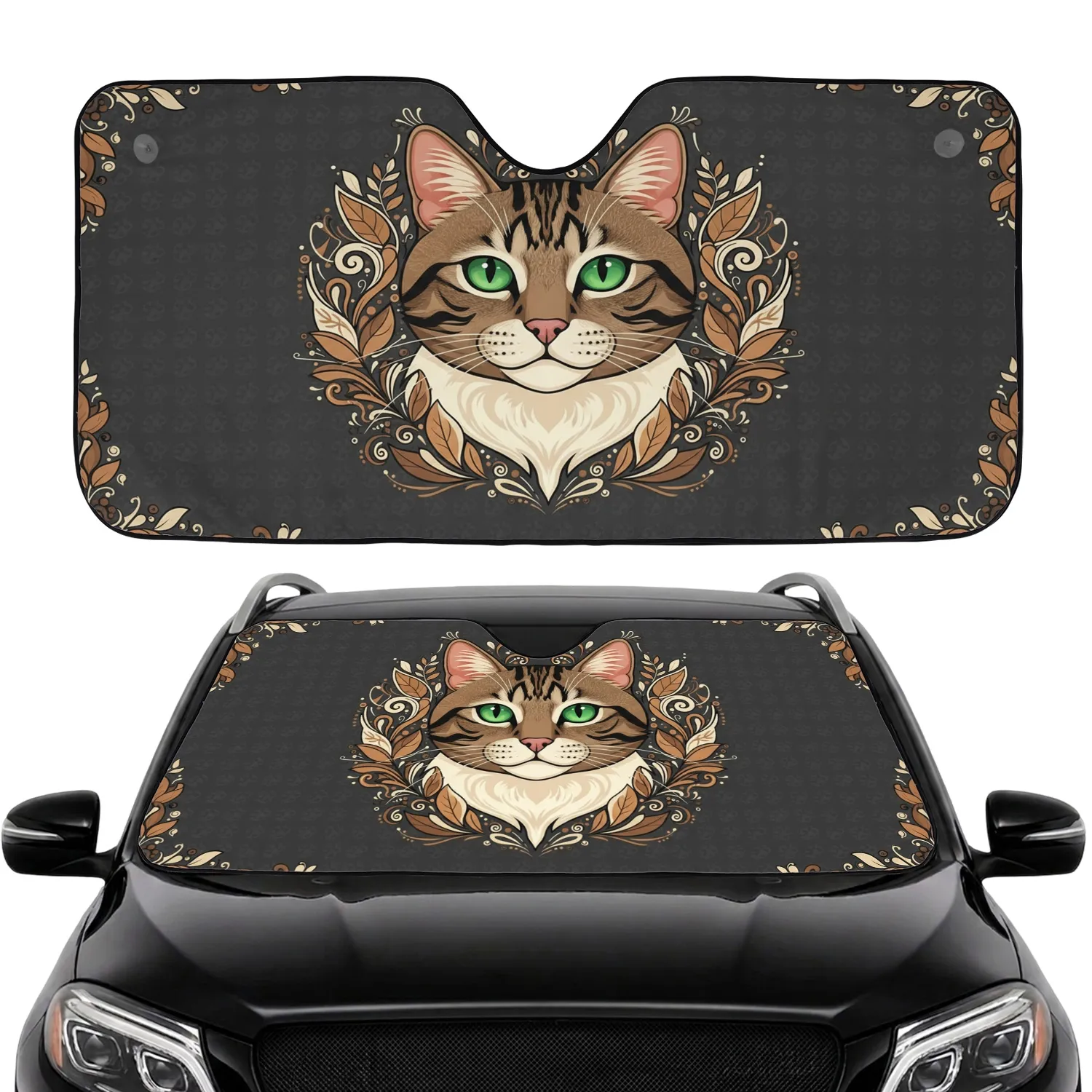 Striped Tabby Cat Emerald Eyes Botanical Paw Prints - Home Decor Gift for Cat Lover Car Sunshade - 1