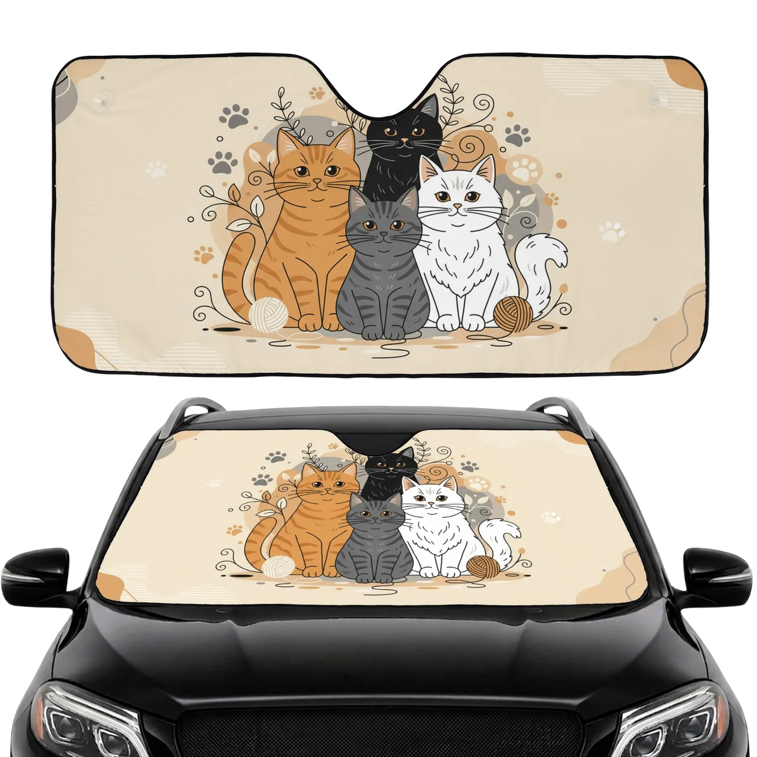 Diverse Cats Paw Prints Yarn Ball - Home Decor Gift for Cat Lover Car Sunshade - 1