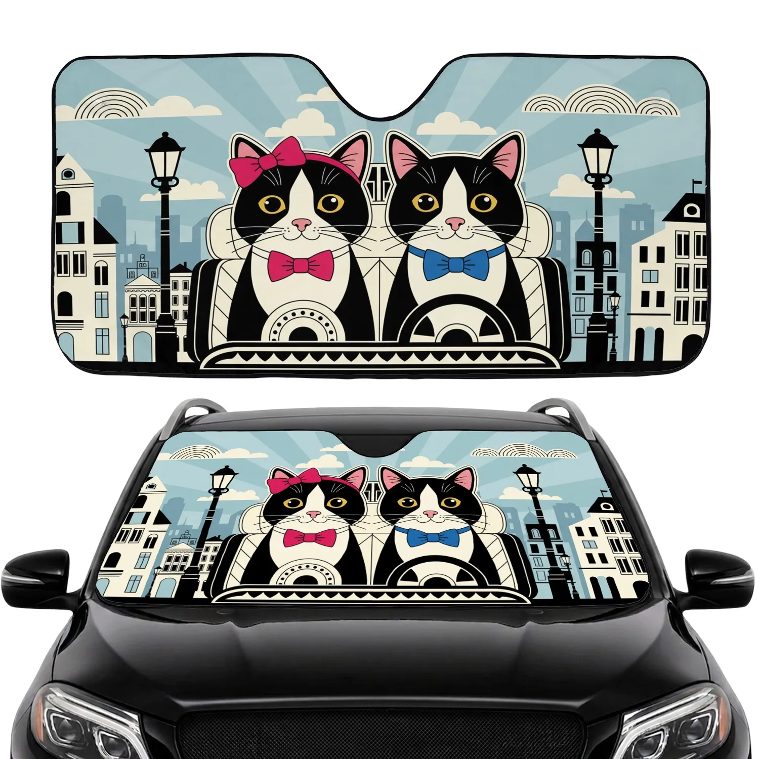 Tuxedo Cats Fuchsia Bow Royal Blue Bow Cityscape - Cat Lover Home Decor Gift Car Sunshade - 1