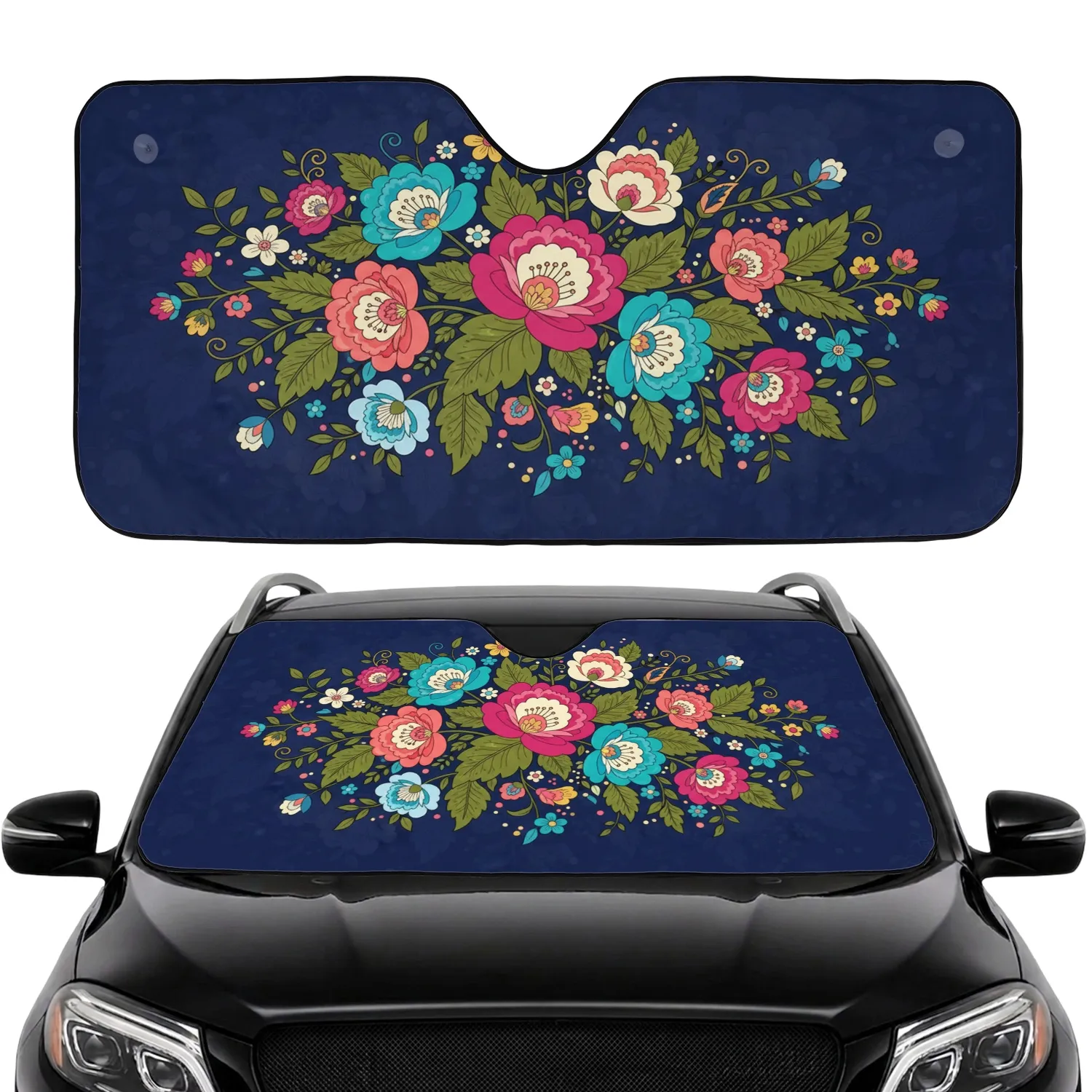 Folk Art Floral Blossoms Leaves Swirling Vines - Decorative Home Gift Car Sunshade - 1