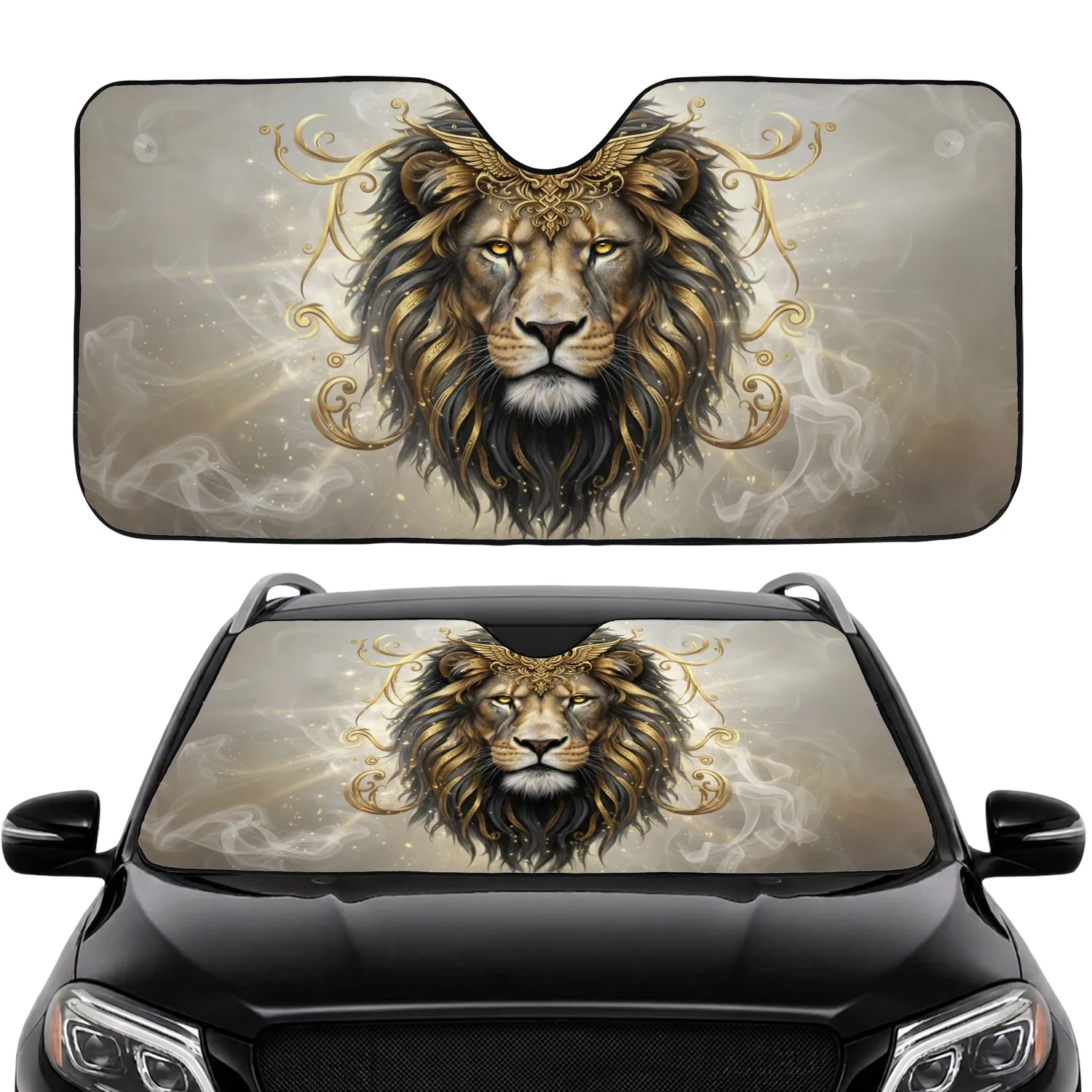 Lion Head Golden Emblem Piercing Golden Eyes Swirls Dust Motes Home Decor Gift Car Sunshade - 1