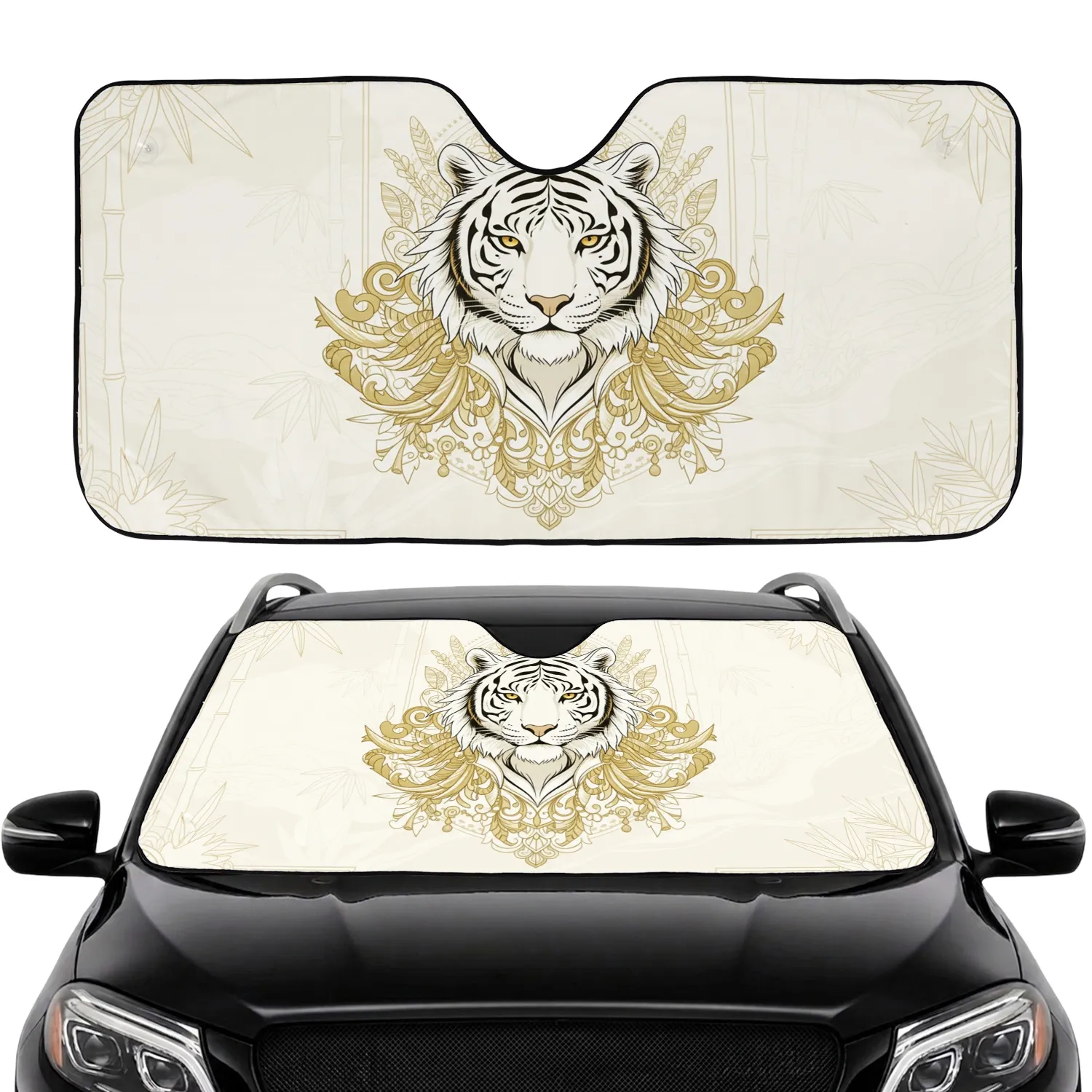 White Tiger Golden Feather Foliage Jungle Bamboo - Wildlife Lover Home Decor Gift Car Sunshade - 1