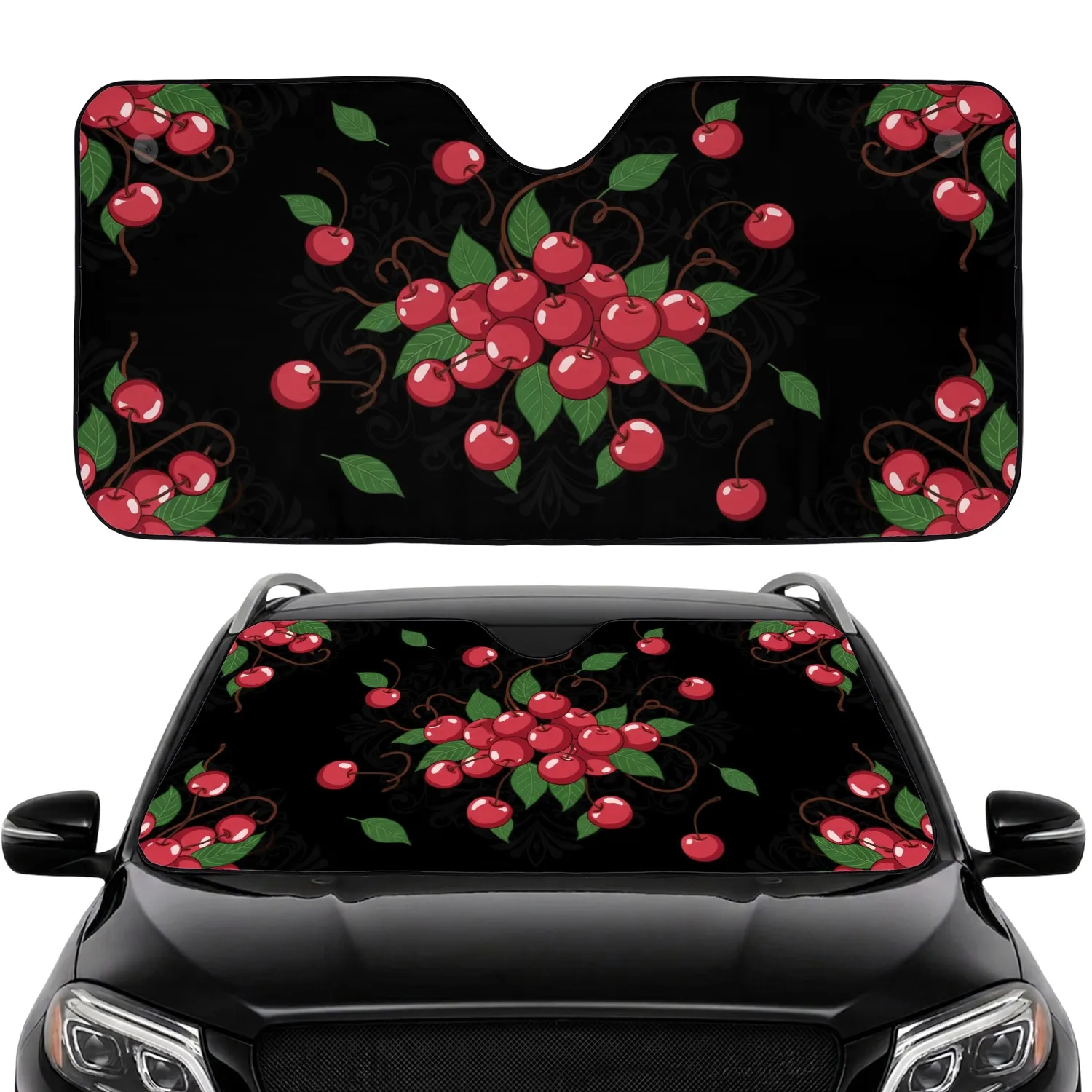 Glossy Red Cherry Cluster Emerald Leaves Dark Stems – Everyday Decor Gift for Fruit Lovers Car Sunshade - 1