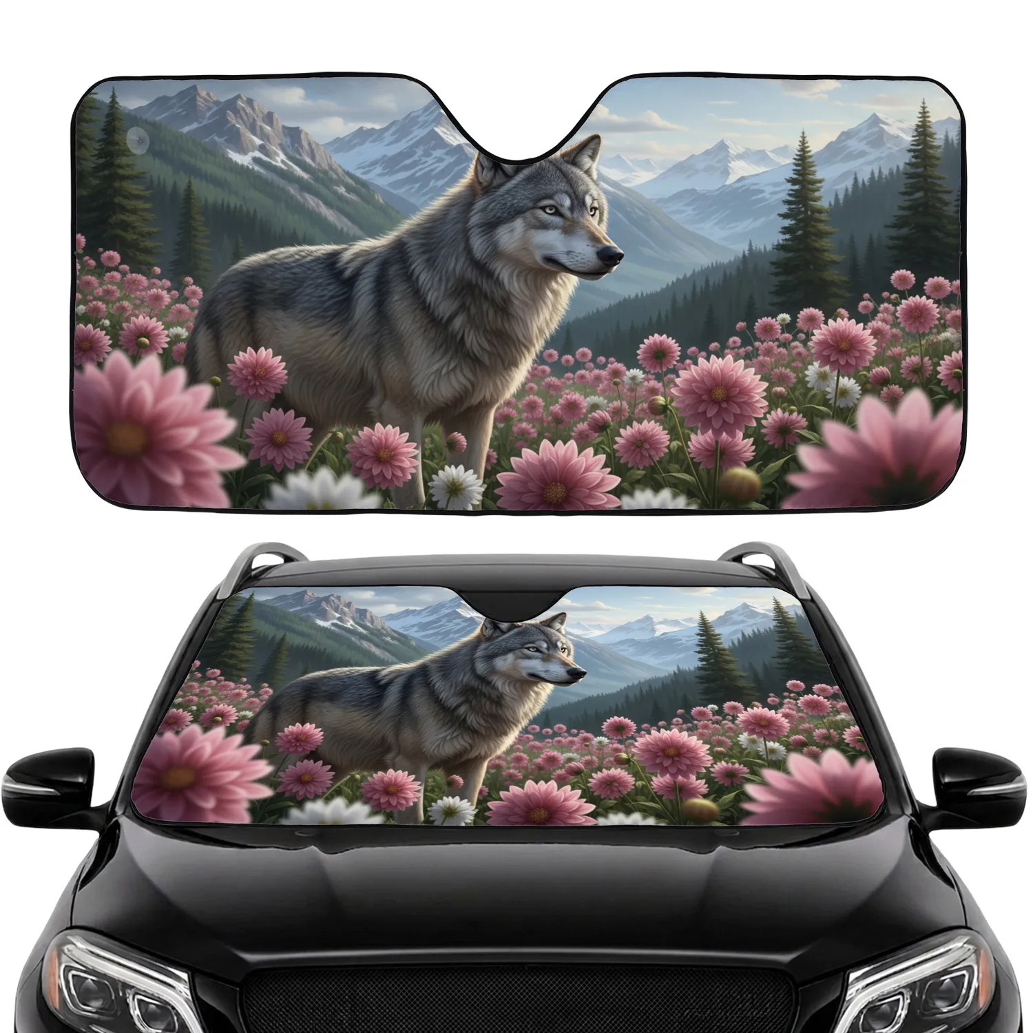 Grey Wolf Pink Dahlias Snow Mountain - Outdoor Adventure Wildlife Lover Gift Car Sunshade - 1