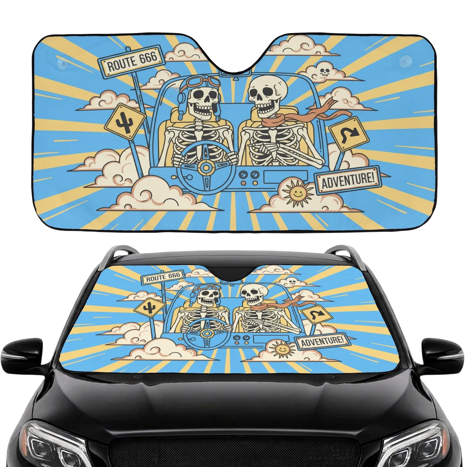 Skeletons Driving Car Interior Steering Wheel Cactus Clouds - Car Lover Home Decor Gift Car Sunshade - 1