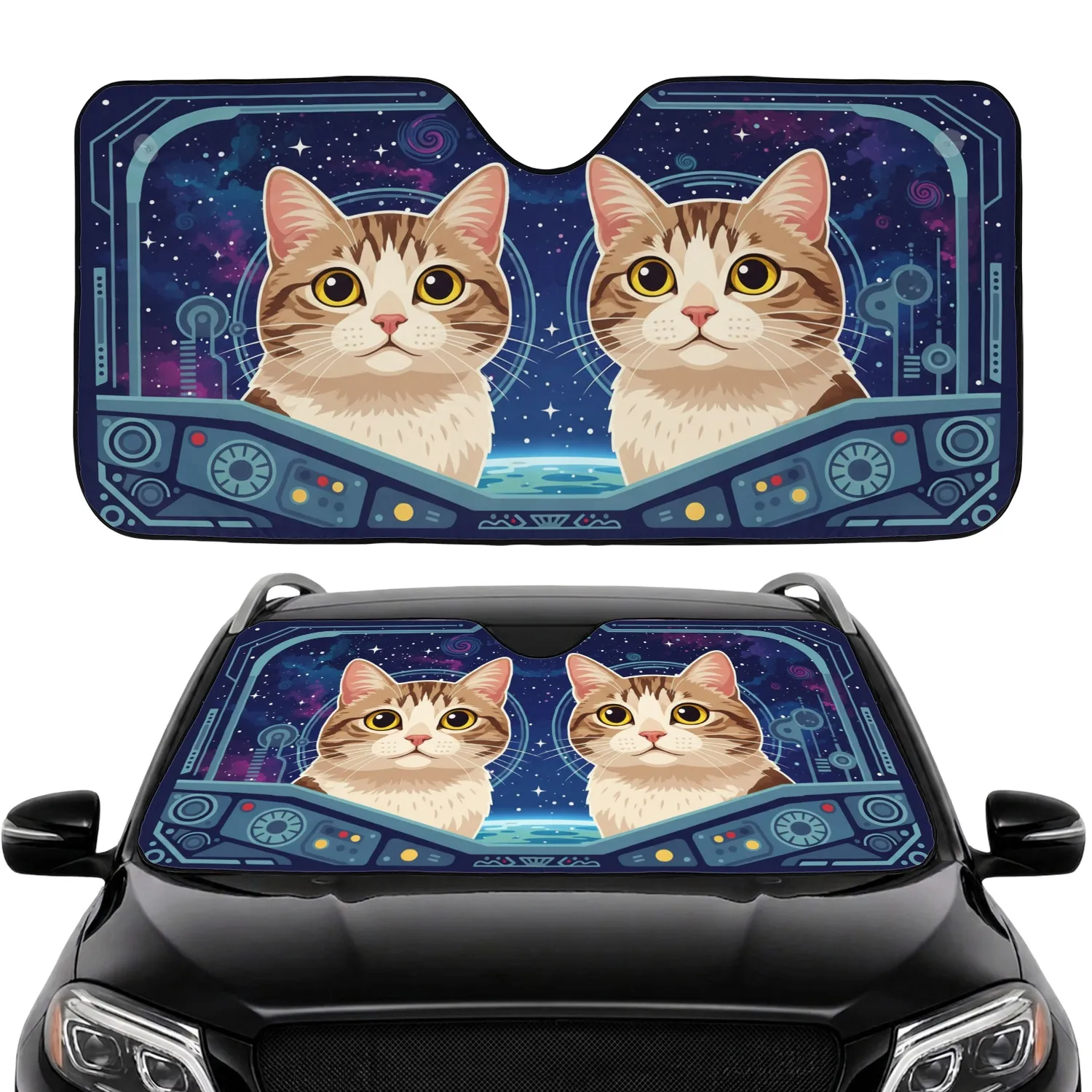 Two Tabby Cats Cosmic Stars Planetary Horizon - Cat Lover Travel Essentials Gift Car Sunshade - 1