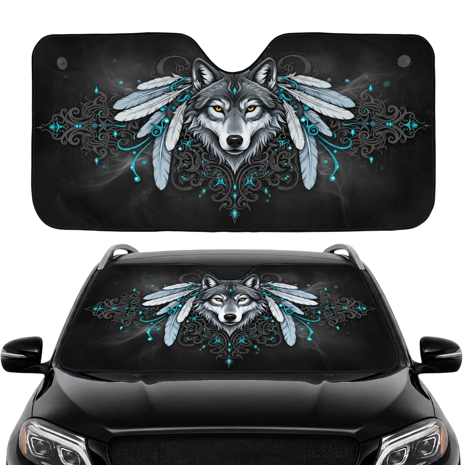 Wolf Head Tribal Scrollwork Swirling Filigree Feathers Gems - Dark Fantasy Enthusiast Gift Car Sunshade - 1