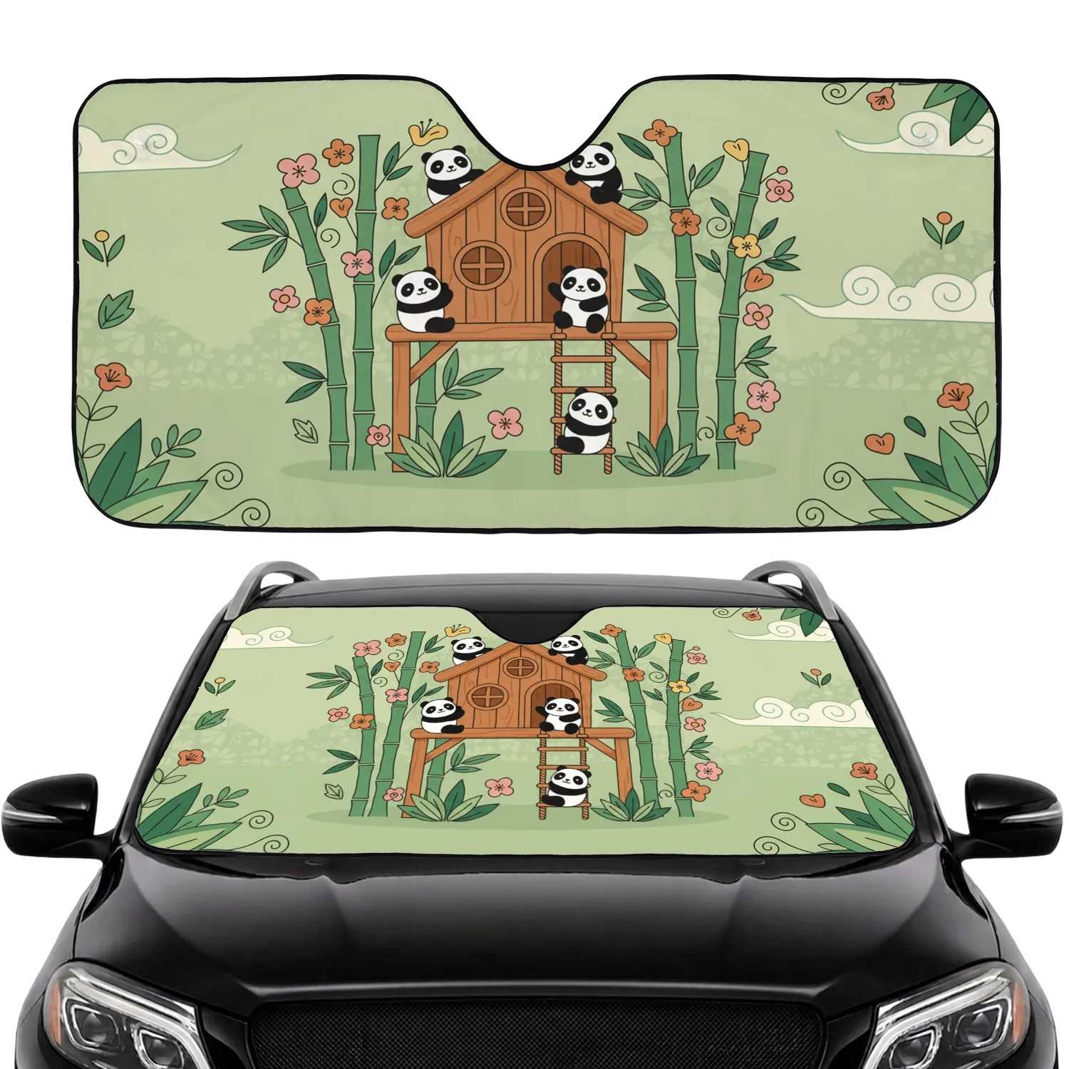Panda Bears Treehouse Bamboo Pink Orange Yellow Blossoms Green Hills - Wildlife Lover Gift Car Sunshade - 1
