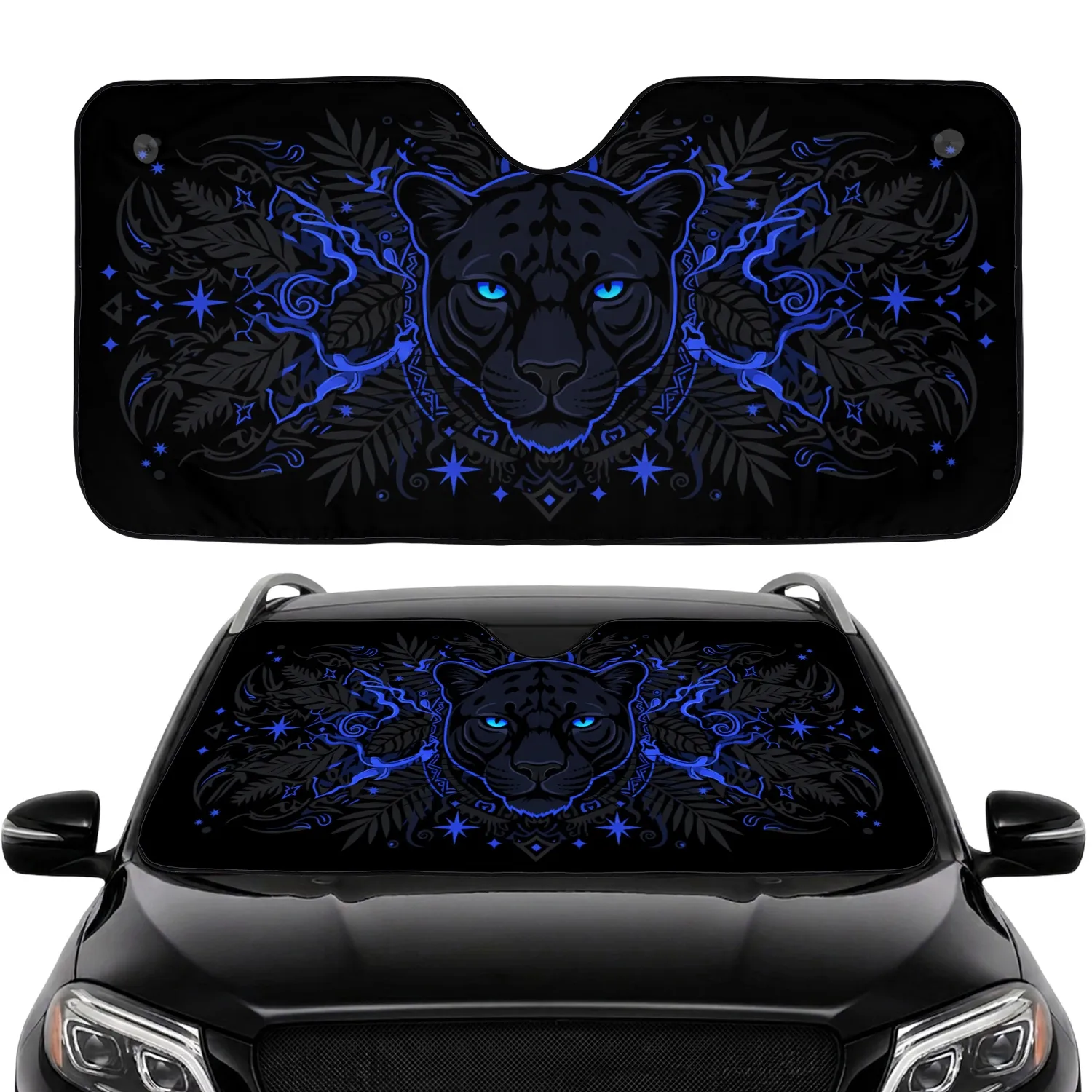 Black Panther Face Glowing Sapphire Eyes Jungle Tribal Markings - Car Interior Gift Car Sunshade - 1