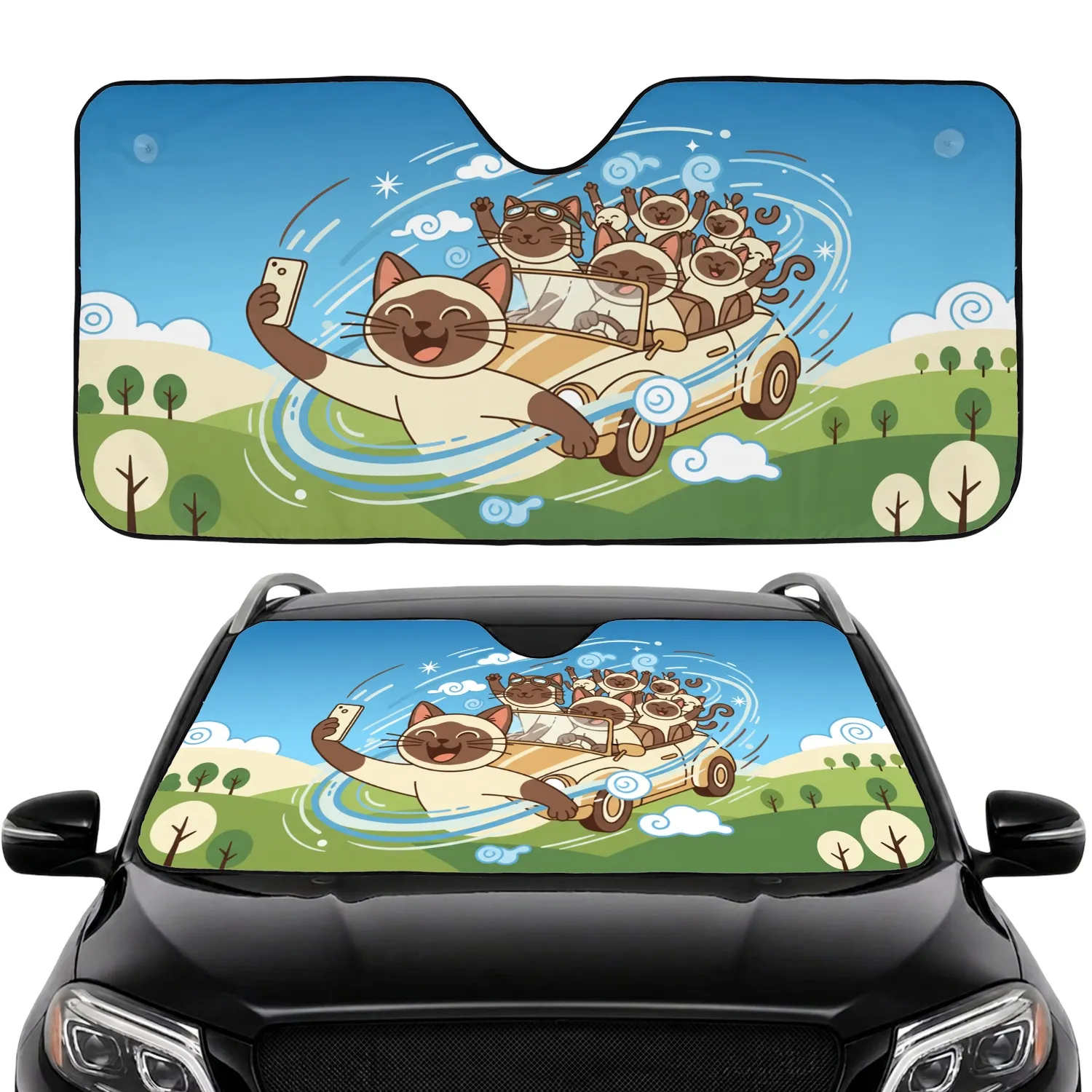 Siamese Cats Road Trip Selfie Driving - Cat Lover Travel Essentials Car Sunshade - 1