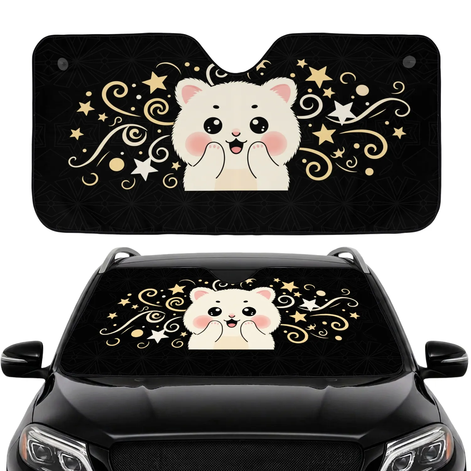 Fluffy Cream Kitten Blush Cheeks Starry Swirls Orbs - Pet Owner Car Interior Accessory Car Sunshade - 1