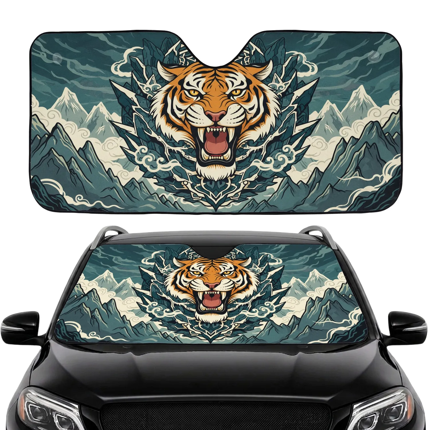 Roaring Tiger Head Sharp Fangs Golden Eyes Rock Mountain - Wildlife Lover Gift Car Sunshade - 1