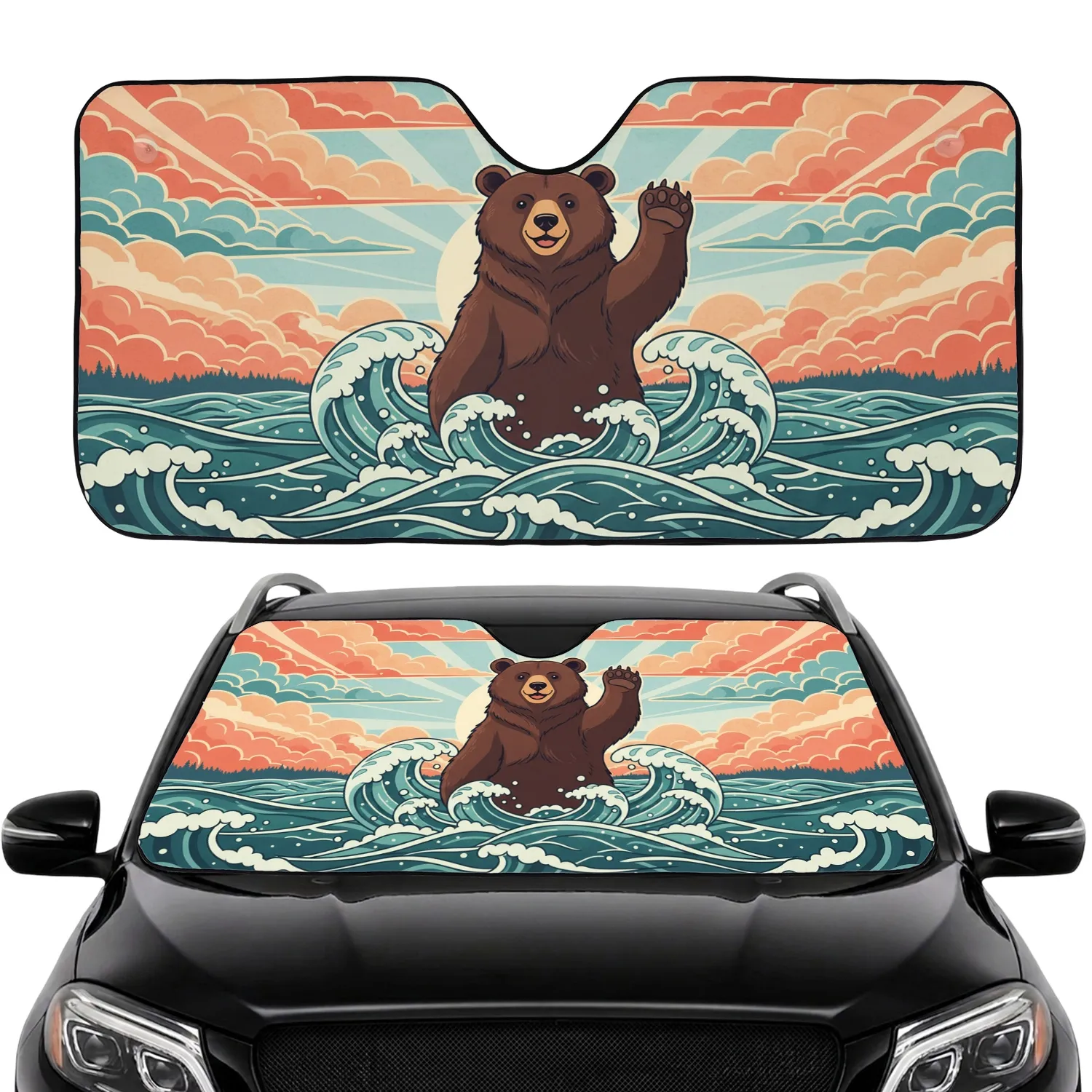 Friendly Waving Brown Bear Ocean Waves Sky Sun Rays - Travel Essentials Car Sunshade - 1