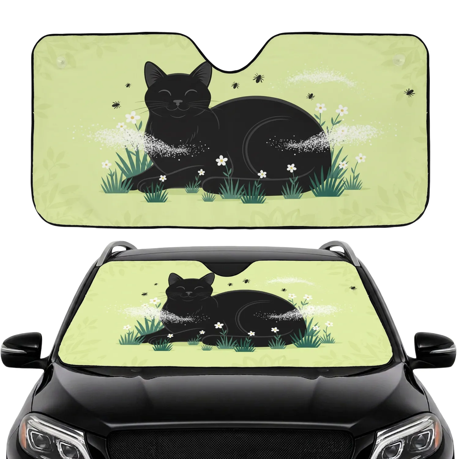 Black Cat White Flowers Lime Green Leaves - Home Decor Gift for Cat Lover Car Sunshade - 1