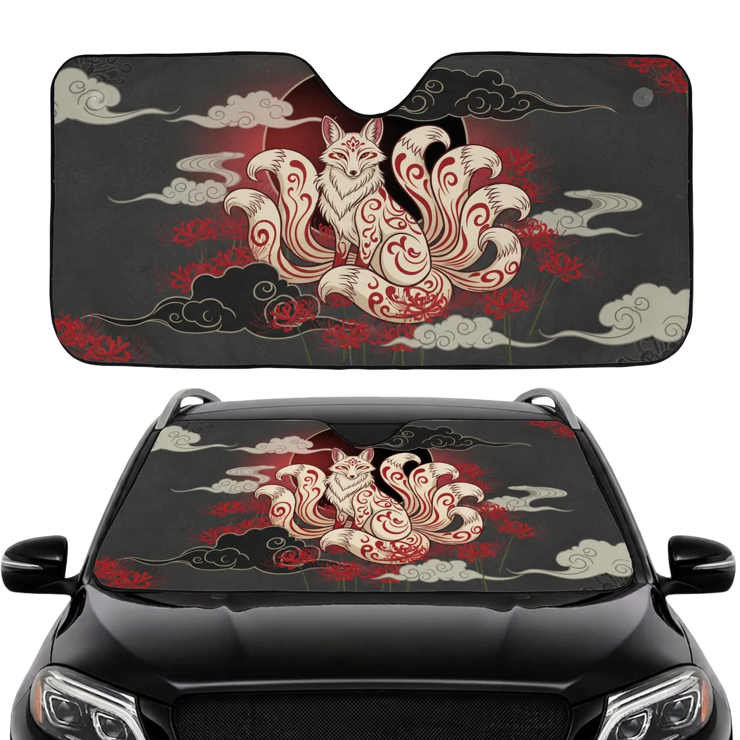 Kitsune Fox Red Spider Lilies Black Moon - Japanese Fantasy Home Decor Gift Car Sunshade - 1