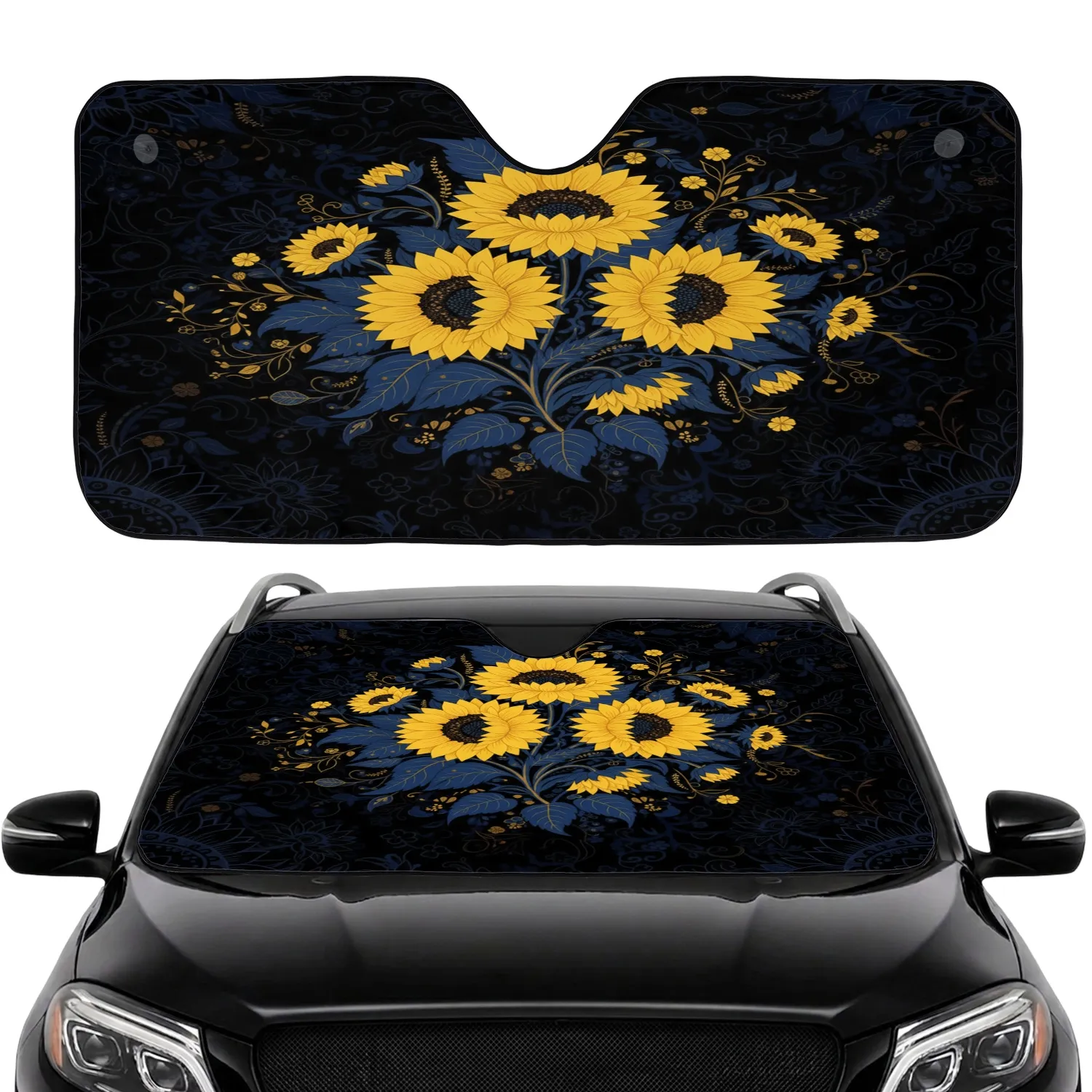Sunflowers Indigo Golden Leaves Black Organic Floral Vines - Home Decor Gift Car Sunshade - 1