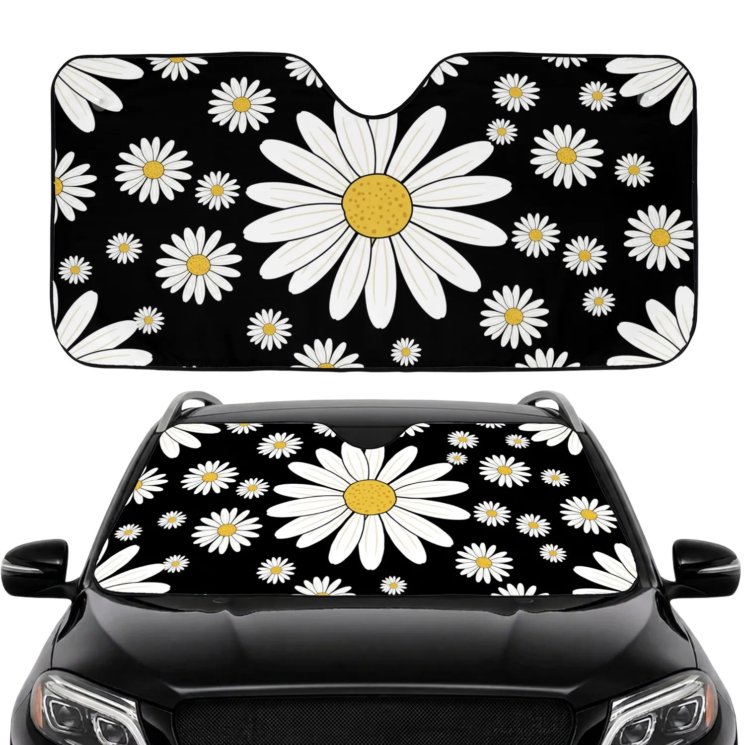 Large White Daisy Golden Yellow Center Floral Edge-to-Edge - Everyday Flower Decor Car Sunshade - 1