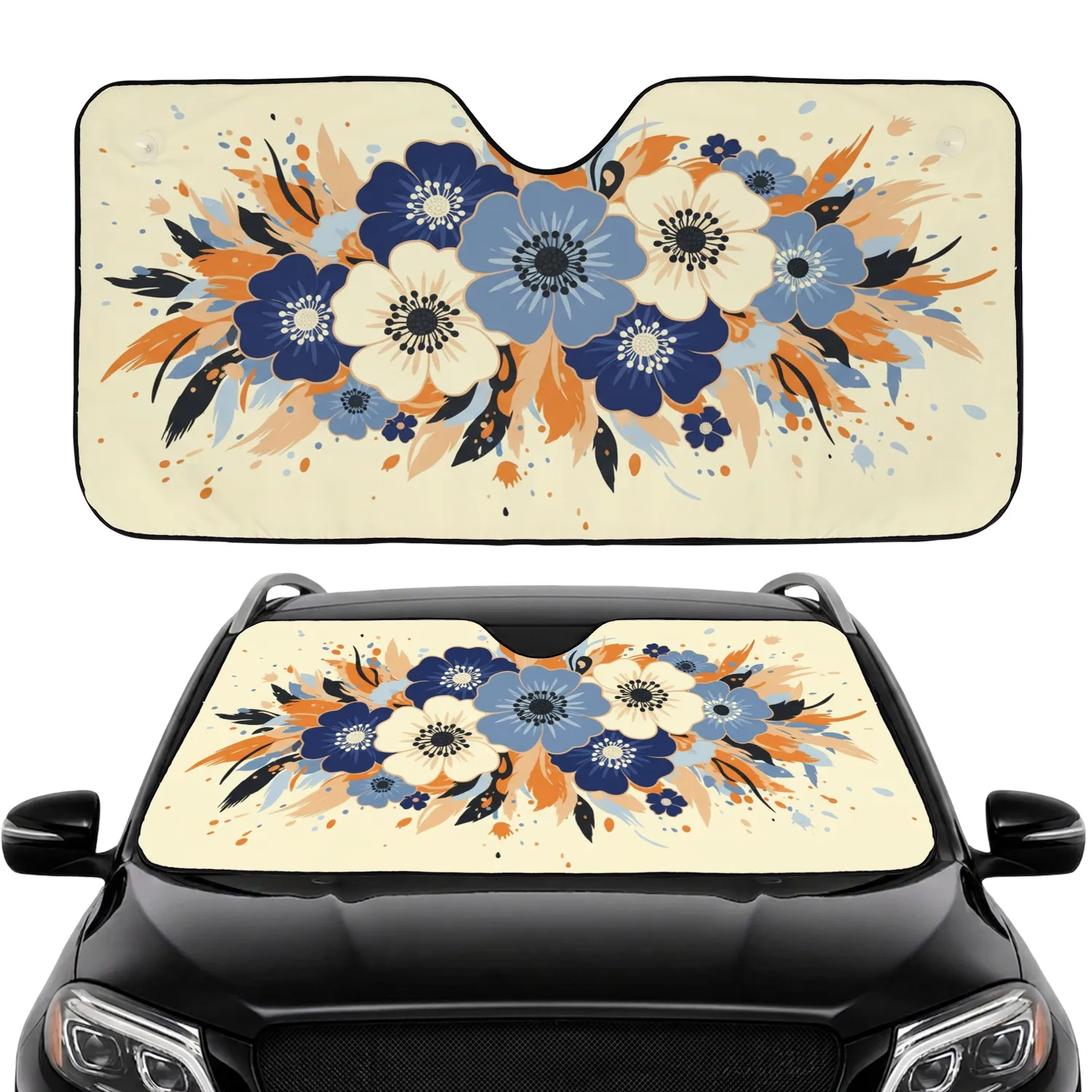 Blue Orange Yellow Layered Flat Flowers Organic Shapes Brushstroke Splatter - Home Decor Gift Car Sunshade - 1