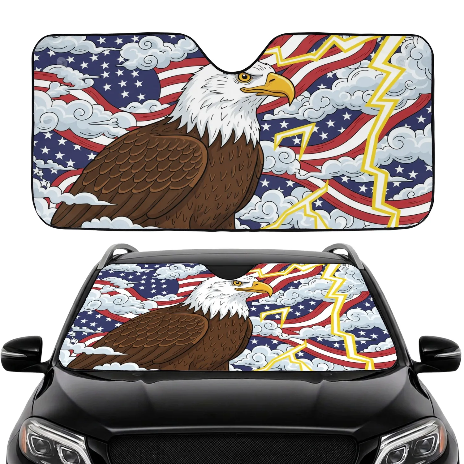 Bald Eagle American Flag Stars Stripes Clouds Lightning - Independence Day Gift for Veterans Car Sunshade - 1