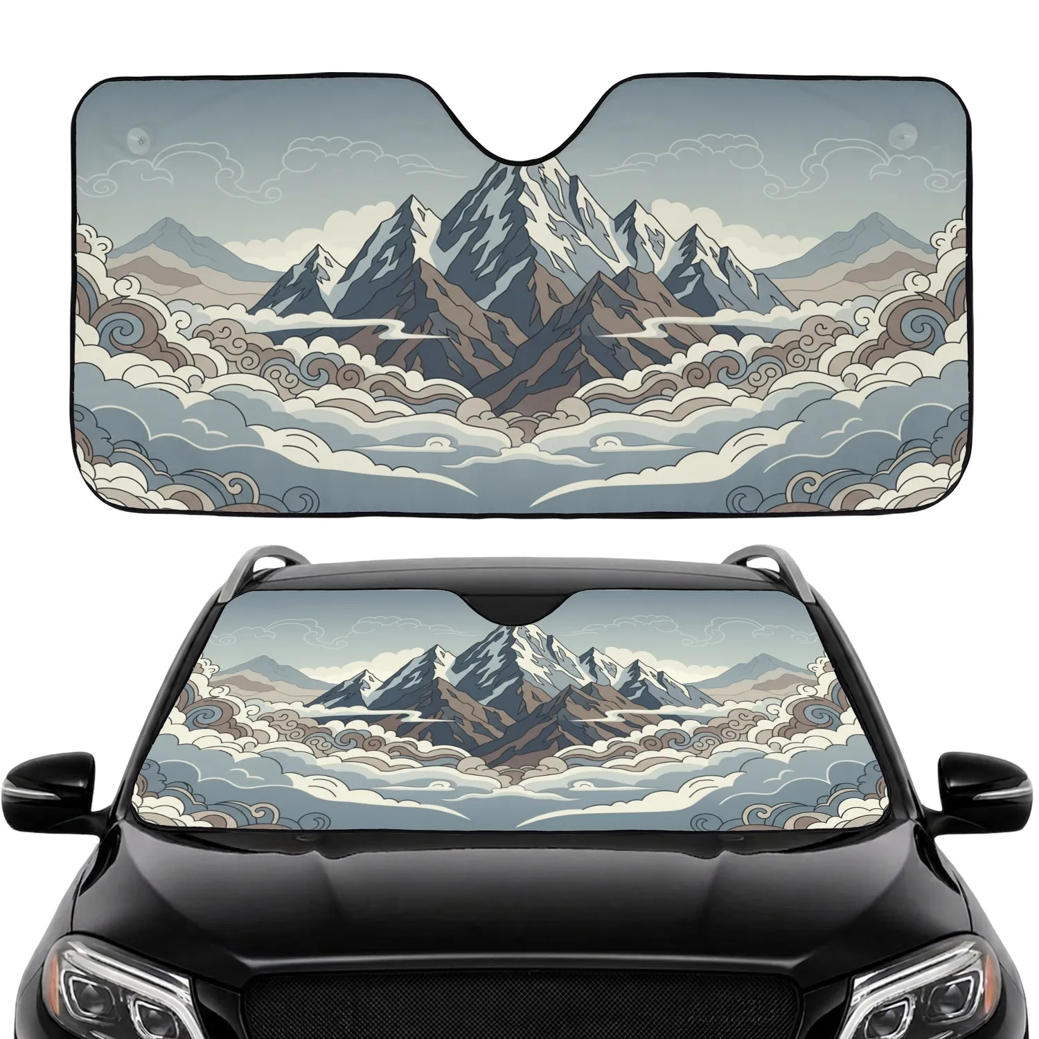 Majestic Mountain Range Snow-Capped Peaks Misty Valley Cloudscape - Adventure Lover Gift Car Sunshade - 1
