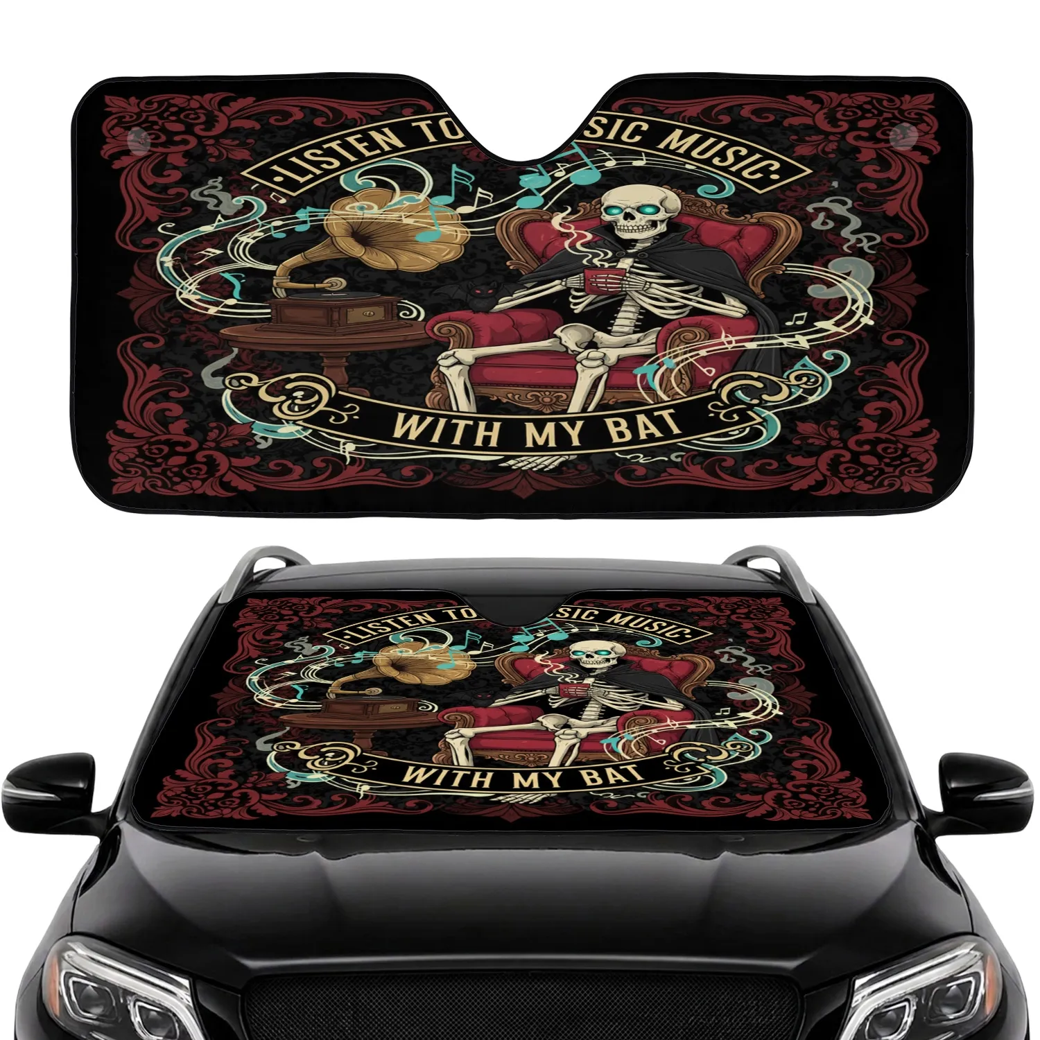 Ornate Gothic Skeleton Bat Gramophone Music - Music Lover Gift Car Sunshade - 1