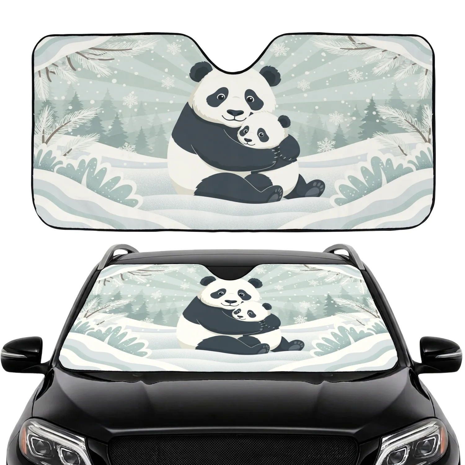 Loving Panda Family Winter Evergreen Snow - Wildlife Lover Gift Car Sunshade - 1