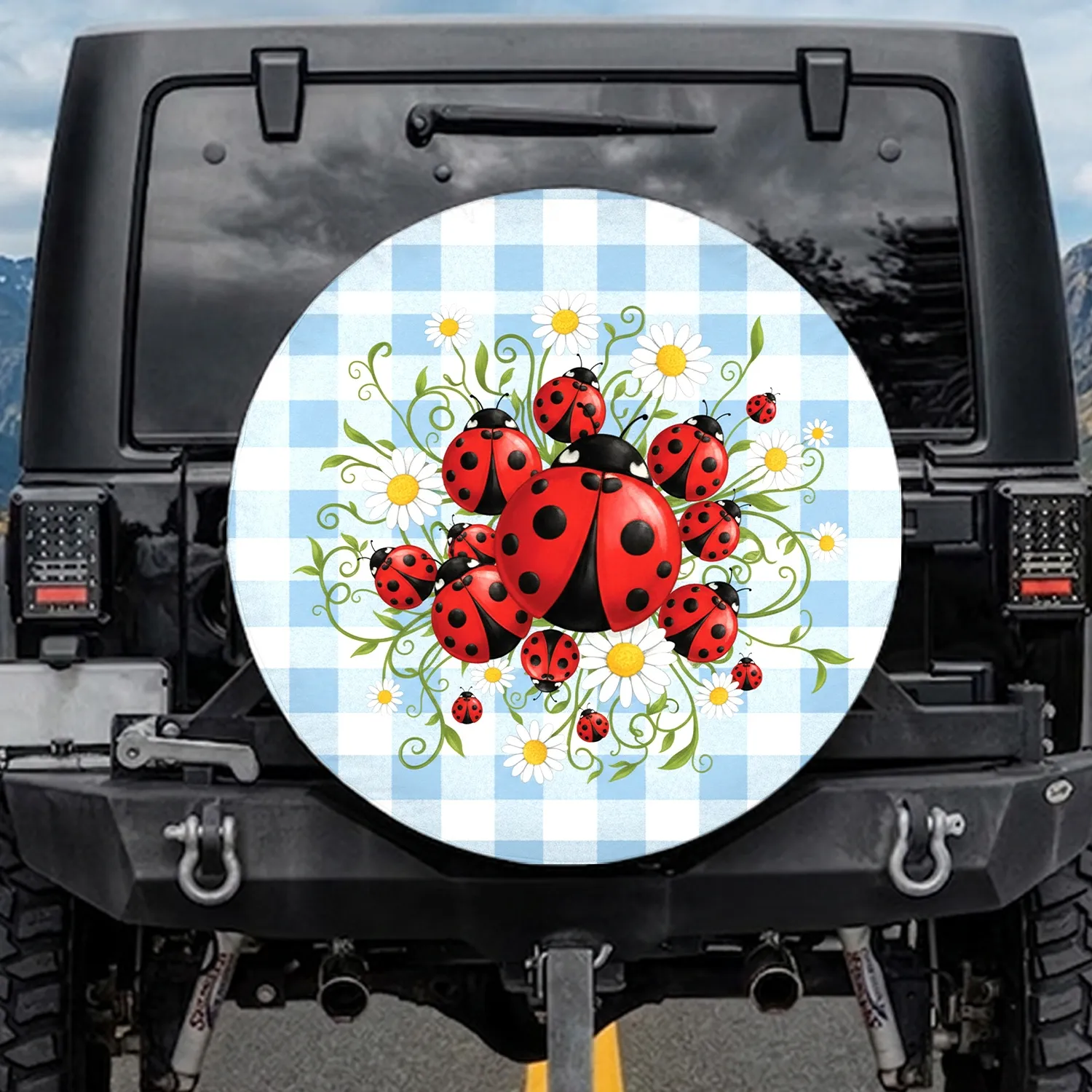 Red Black Ladybugs White Daisies Yellow Centers Green Vines - Wildlife Lover Gift Spare Tire Cover - 1