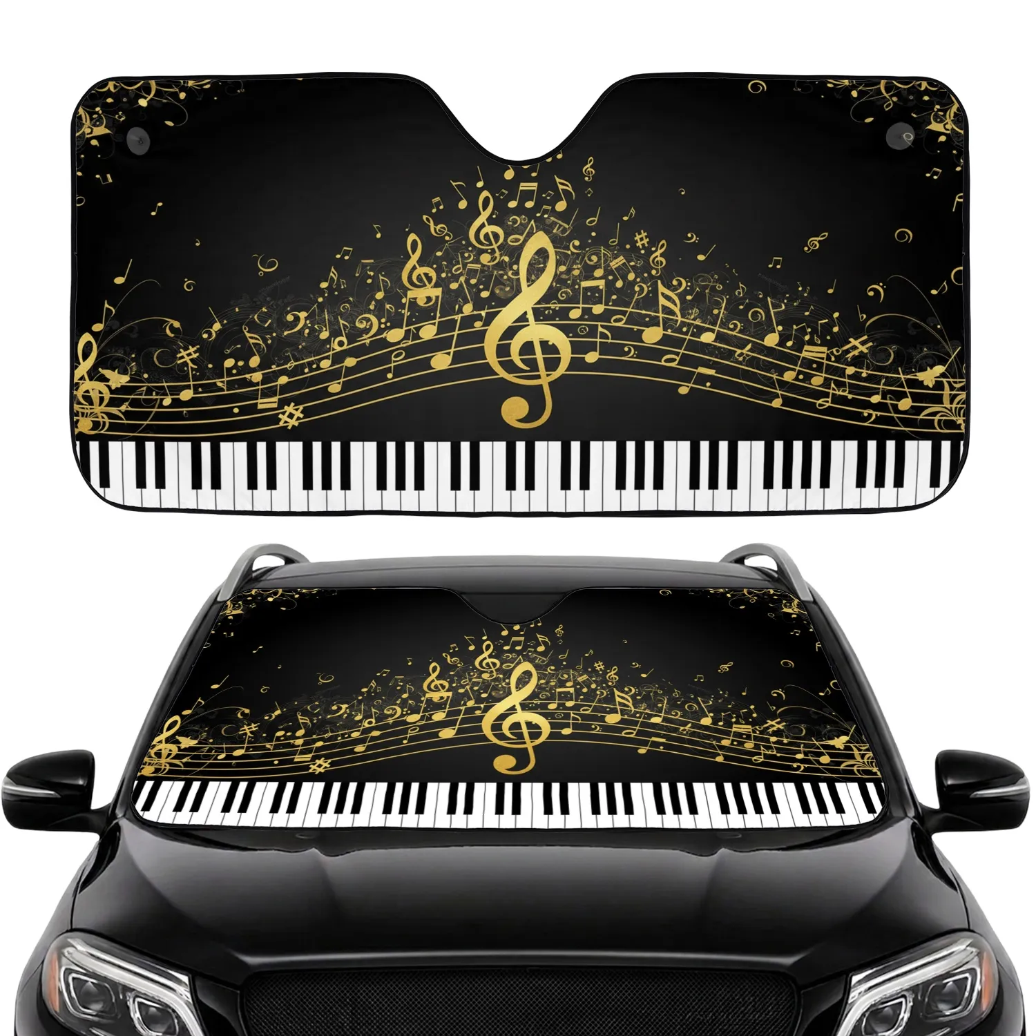 Piano Keys Music Staff Treble Clef Notes Soundwaves - Music Lover Gift Car Sunshade - 1
