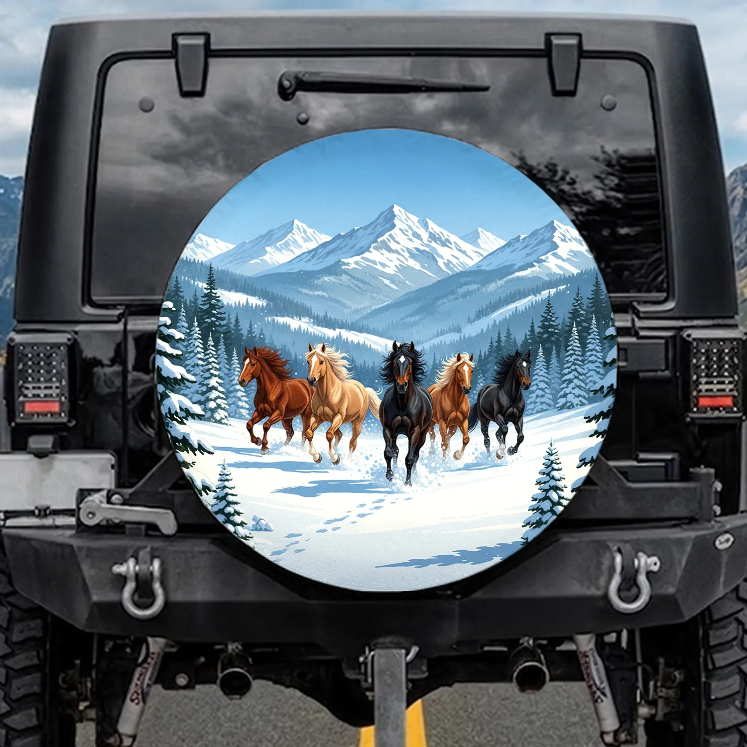Galloping Wild Horses Snow Mountain Scene - Winter Wildlife Decor Spare Tire Cover - 1