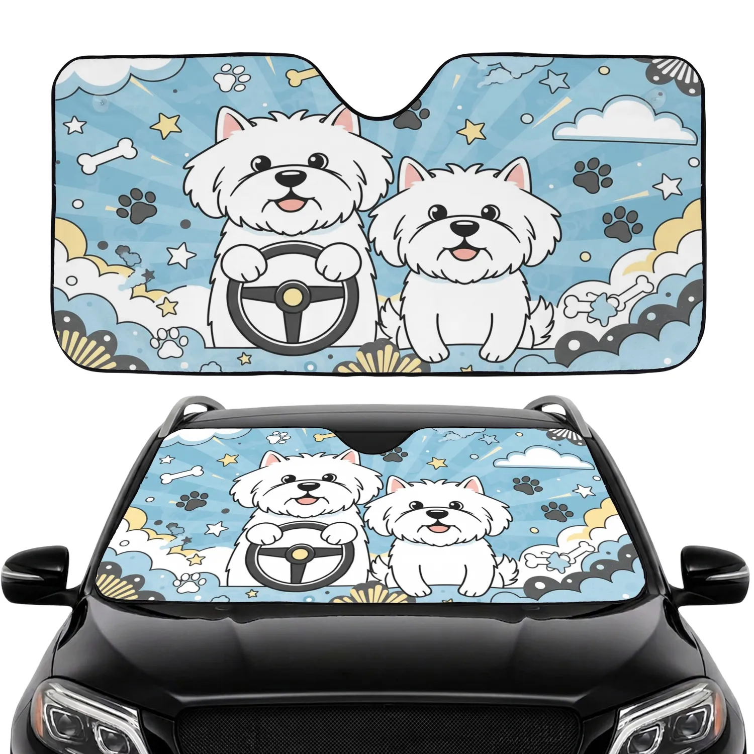 Two Fluffy Dogs Driving Paw Prints Star Clouds - Dog Lover Vehicle Gift Car Sunshade - 1