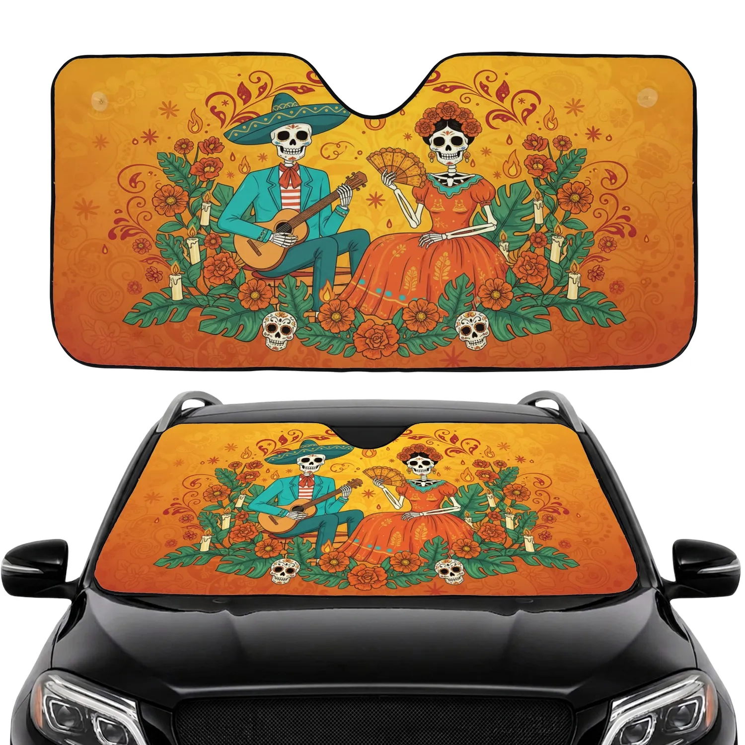 Calavera Skeletal Couple Marigold Flowers - Dia de los Muertos Gift for Folk Art Lover Car Sunshade - 1