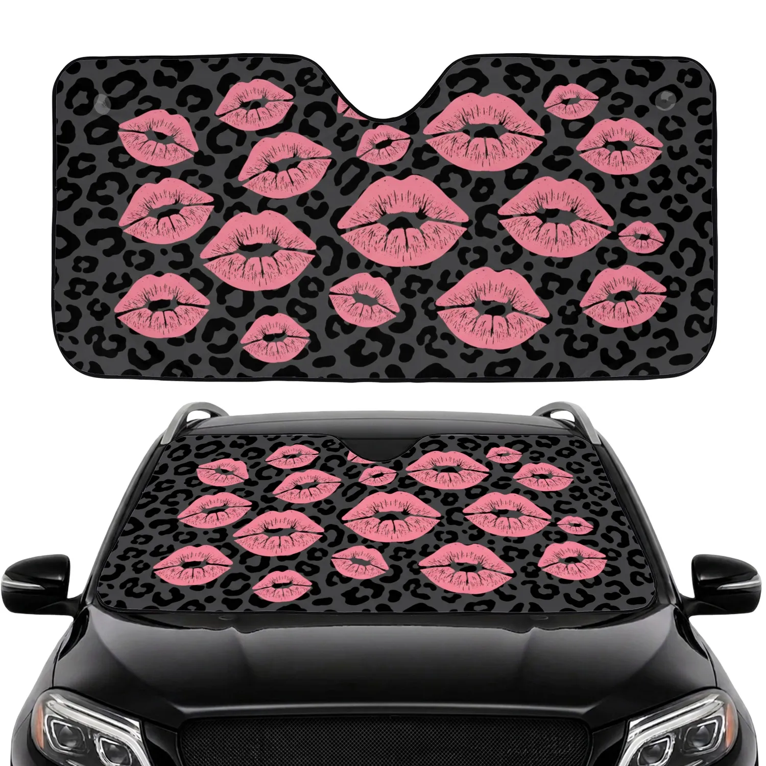 Bubblegum Pink Kiss Marks Black Leopard Spots - Home Decor Gift Car Sunshade - 1