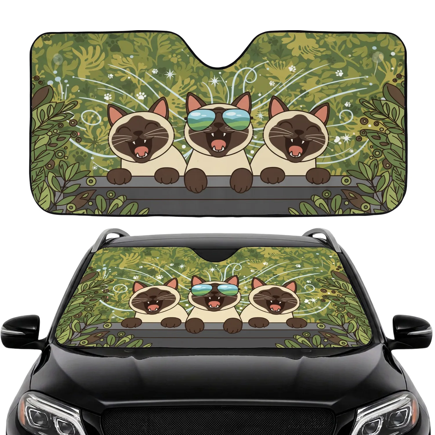 Excited Siamese Cats Sunglasses Foliage - Wildlife Lover Everyday Gift for Cat Owner Car Sunshade - 1