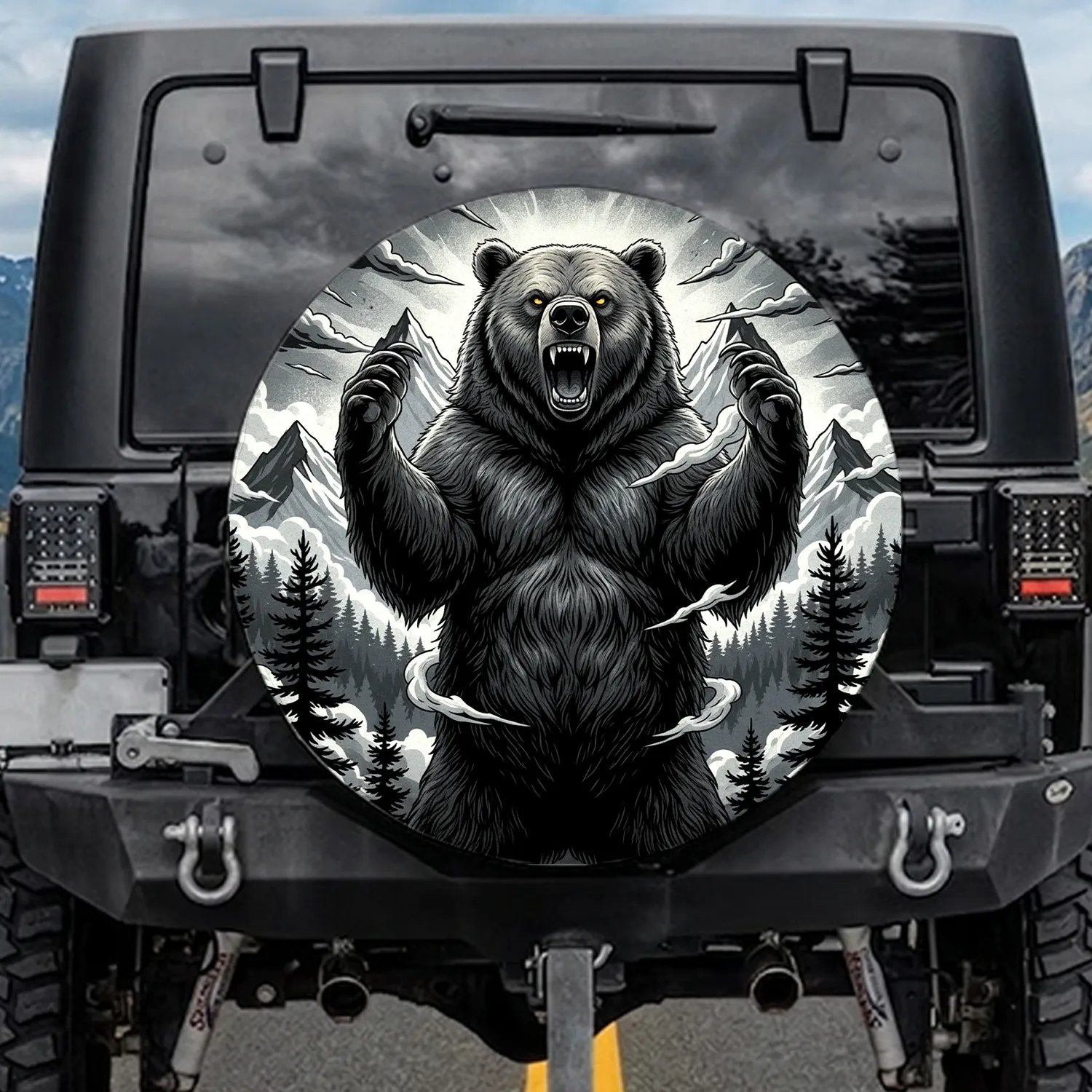 Grizzly Bear Roaring Mountain Forest Stormy Sky - Wilderness Explorer Gift Spare Tire Cover - 1