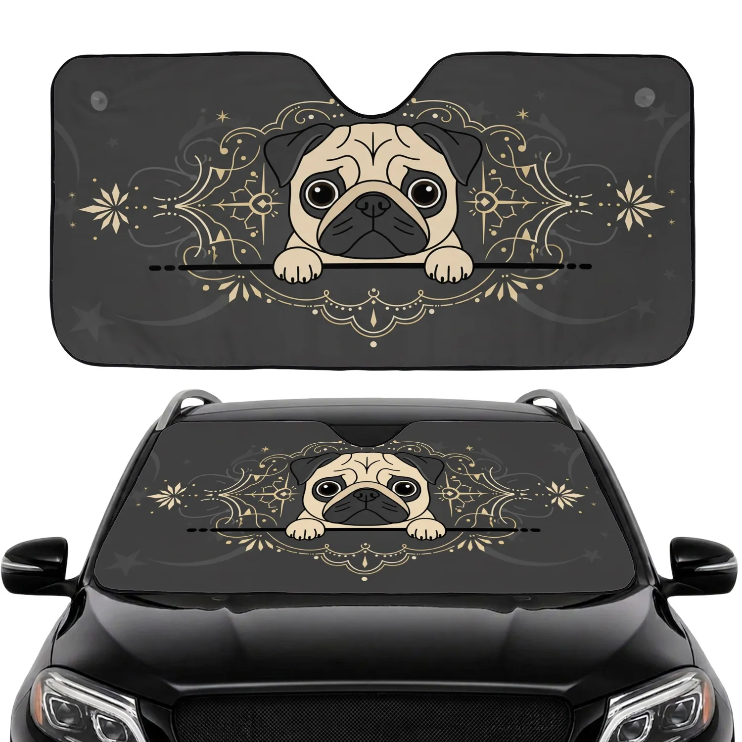 Wide-Eyed Fawn Black Pug Peeking Dark Ledge Star Outlines - Pug Lover Home Decor Gift Car Sunshade - 1
