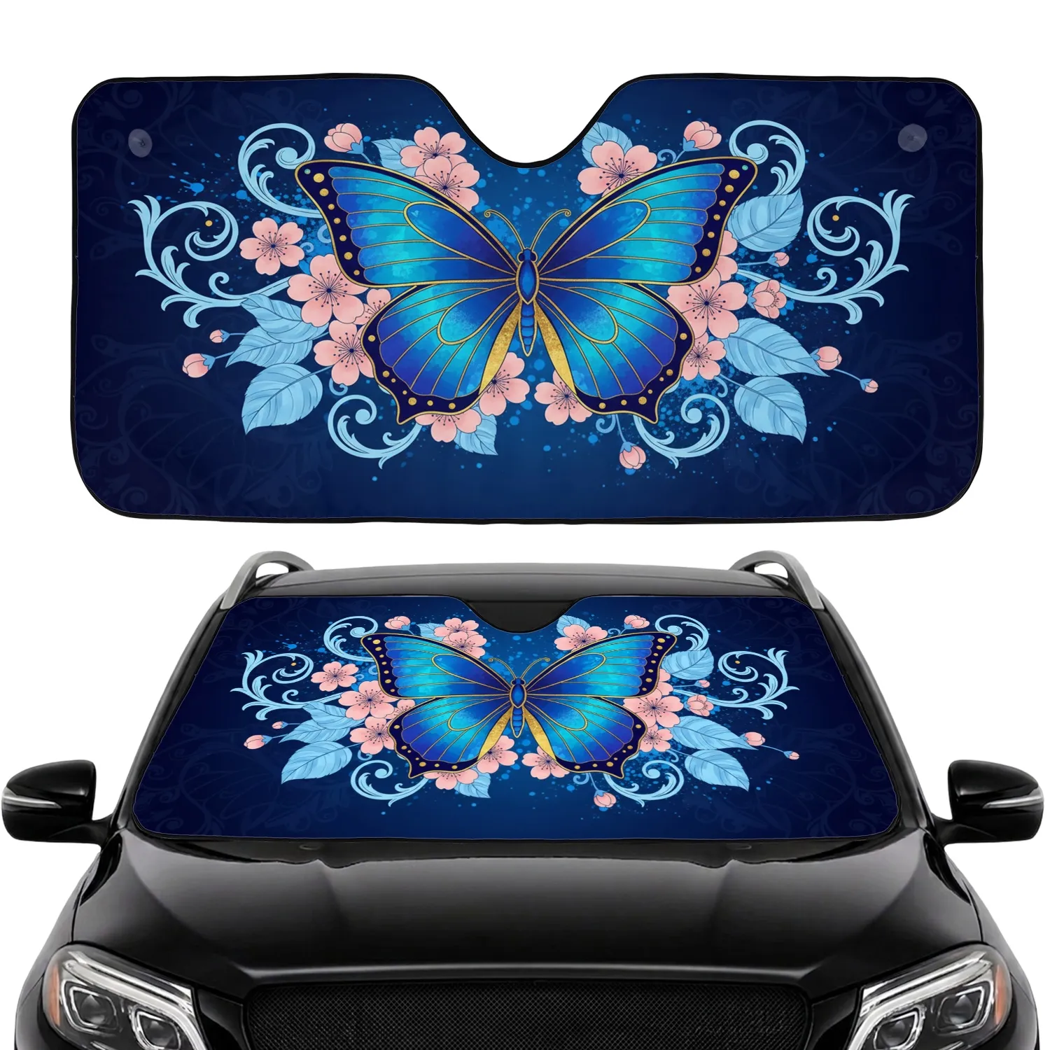 Blue Butterfly Cherry Blossom Foliage Filigree - Nature Inspired Home Decor Gift Car Sunshade - 1
