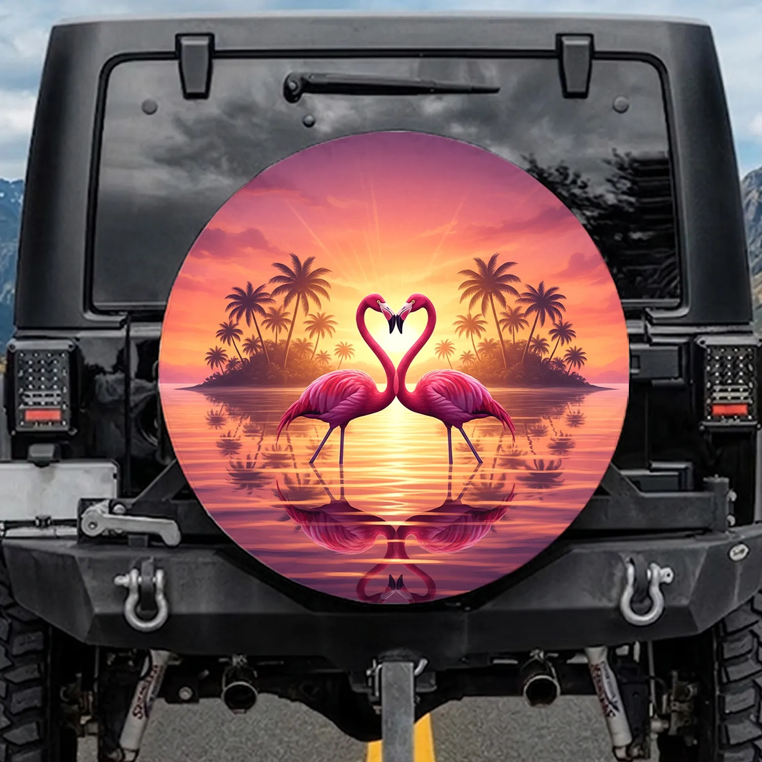 Flamingos Heart Tropical Island Sunset - Wildlife Lover Home Decor Gift Spare Tire Cover - 1
