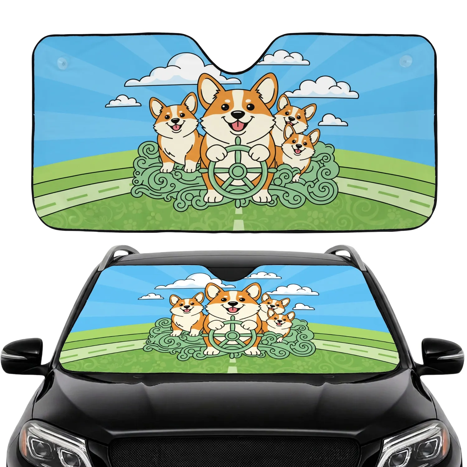 Corgi Dogs Driving Open Road Adventure with Happy Smiles - Dog Lover Everyday Gift Car Sunshade - 1