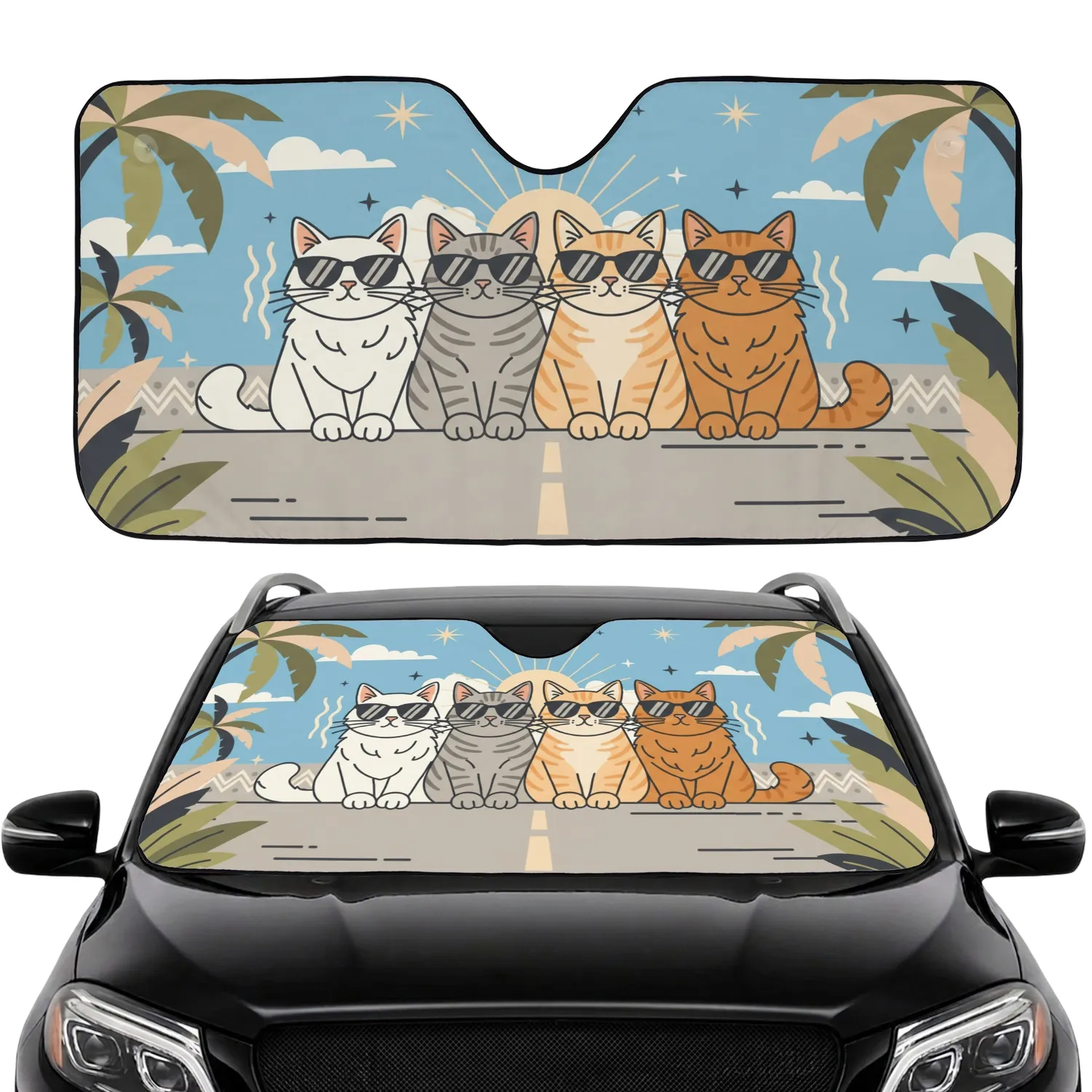 Four Cats Black Sunglasses Tropical Foliage - Travel Essentials Gift for Cat Lover Car Sunshade - 1