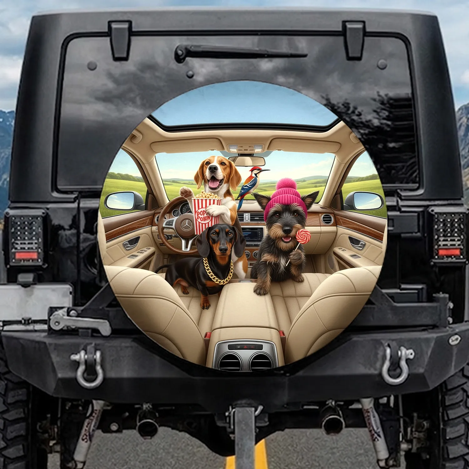 Humorous Dogs Driving Luxury Car Road Trip - Adventure Lover Gift Spare Tire Cover - 1