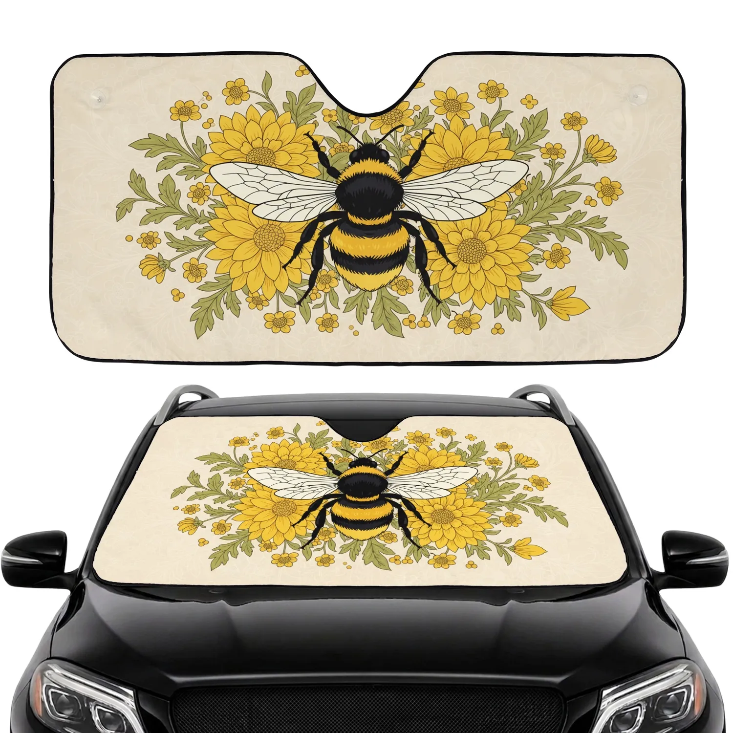 Striped Bumblebee Yellow Chrysanthemum Flowers - Wildlife Lover Gift Car Sunshade - 1
