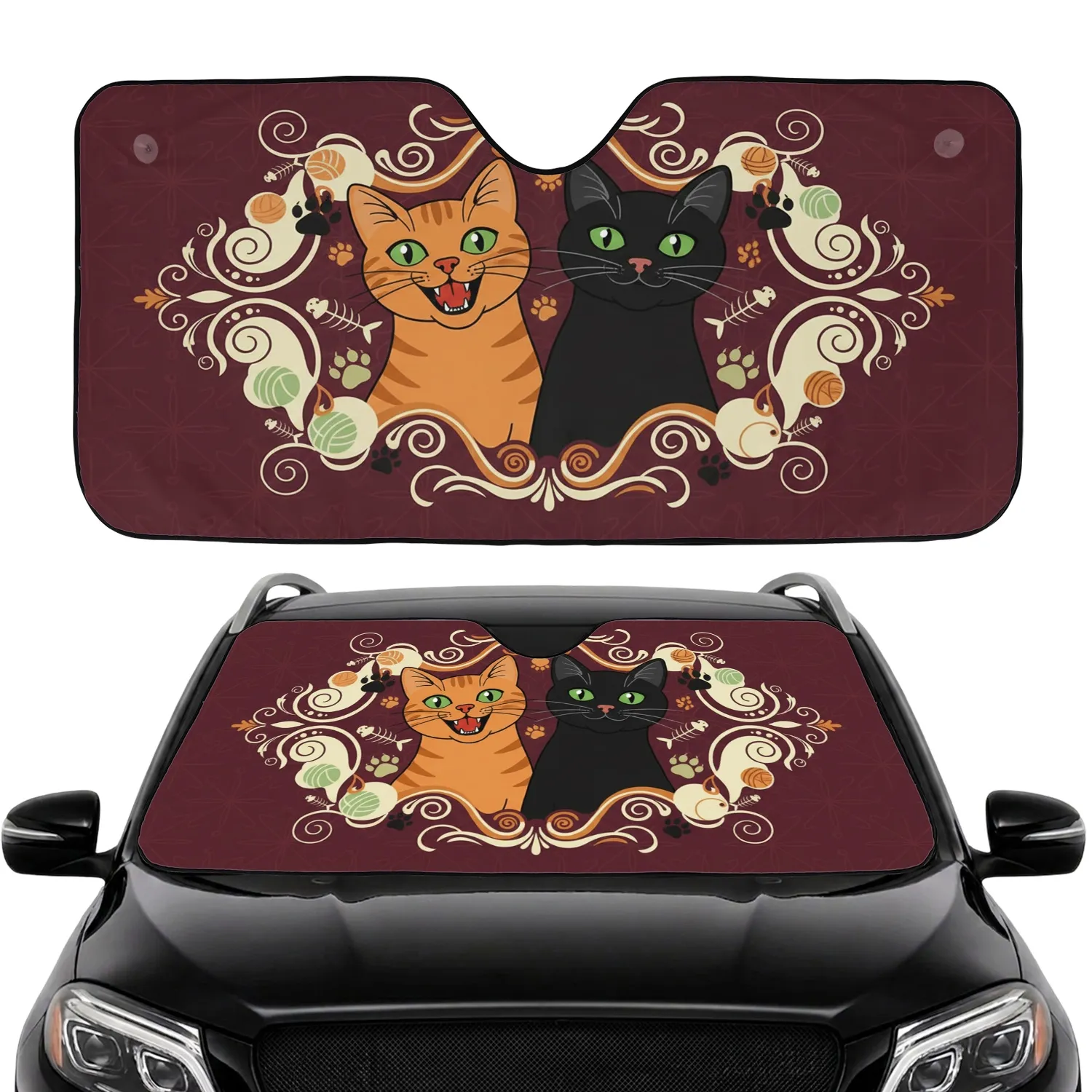 Orange Tabby Black Cat Paw Prints Fish Bone Starburst - Feline Lover Gift Car Sunshade - 1