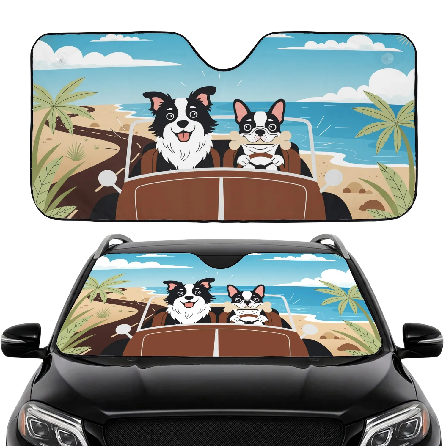 Border Collie French Bulldog Driving Dogs Vintage Car - Dog Lover Gift Car Sunshade - 1