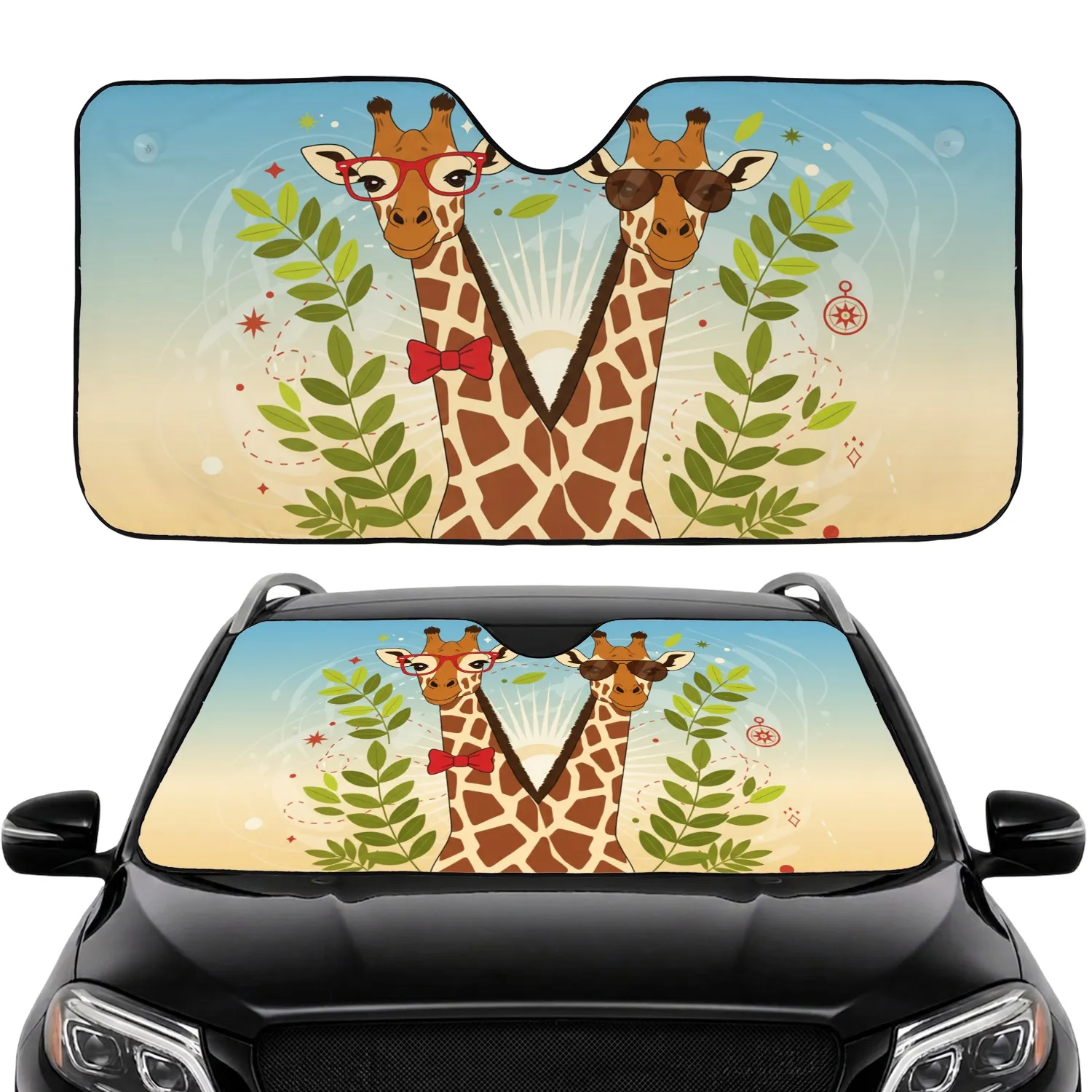 Giraffes with Glasses Red Bow Tie Aviators - Road Trip Travel Essentials Car Sunshade - 1